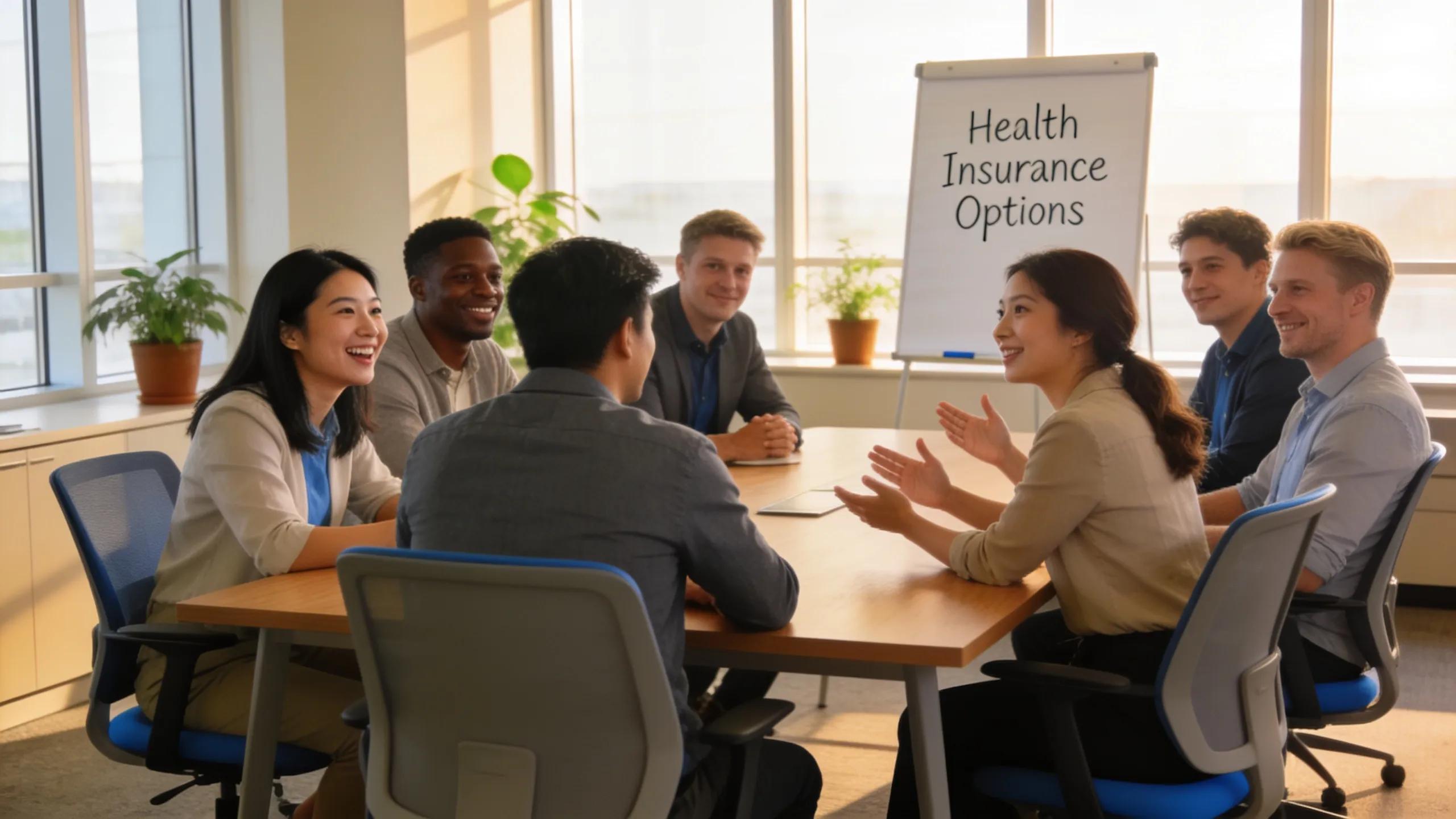 Employees in a modern office discussing employee health insurance
