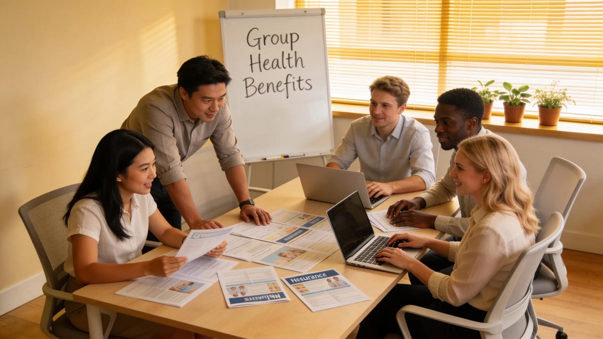 Group health insurance discussion with employees and consultants at a table in Bloomfield Hills, Michigan.