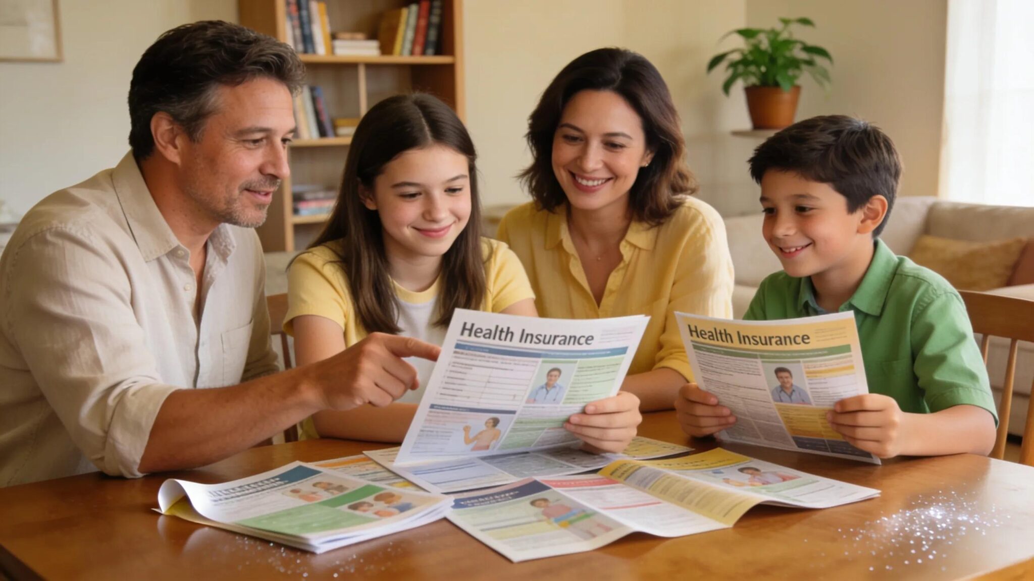 Family reviewing health insurance premiums and coverage options.