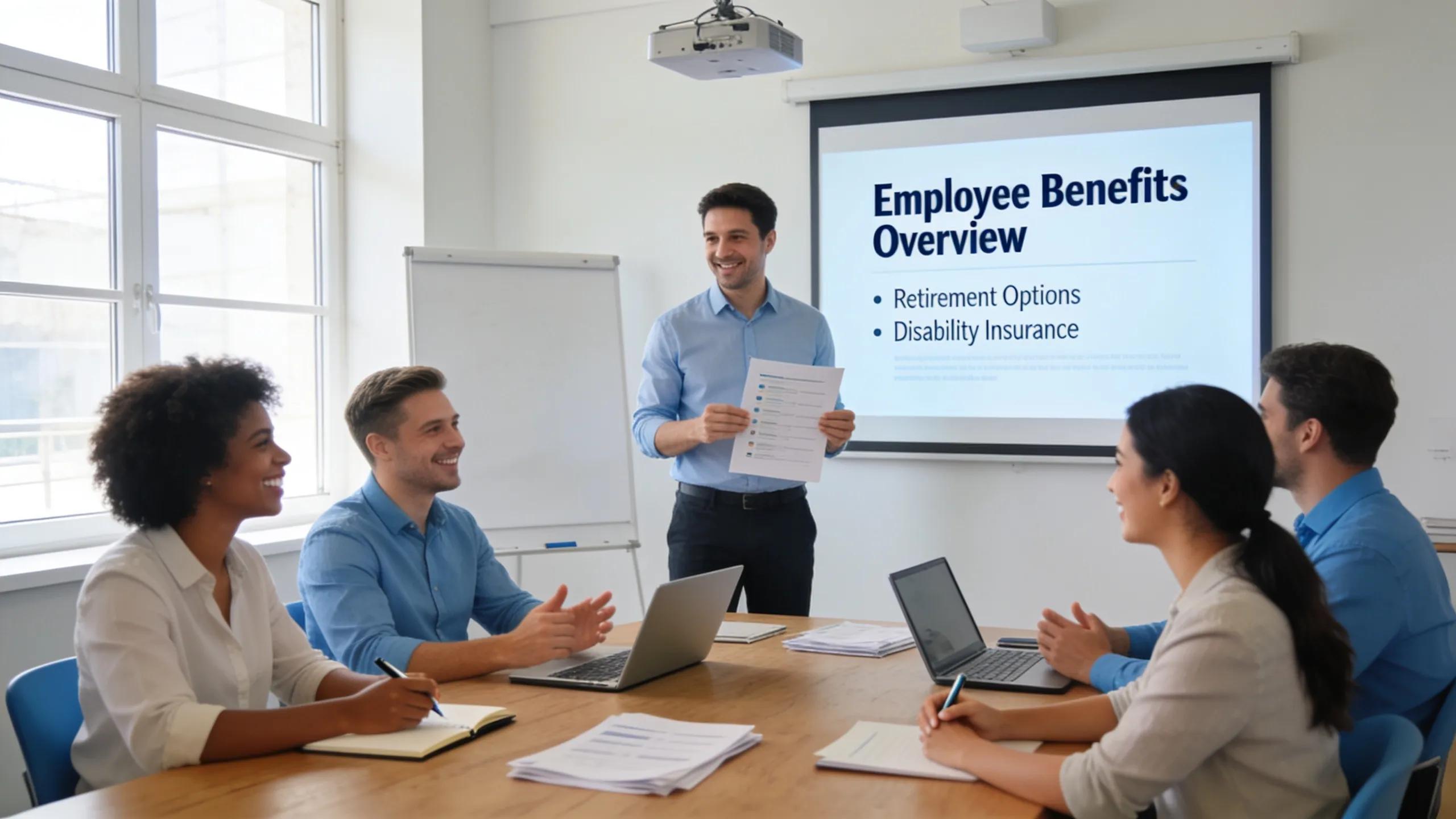 Business owner presenting employee benefits plans to engaged employees in a meeting