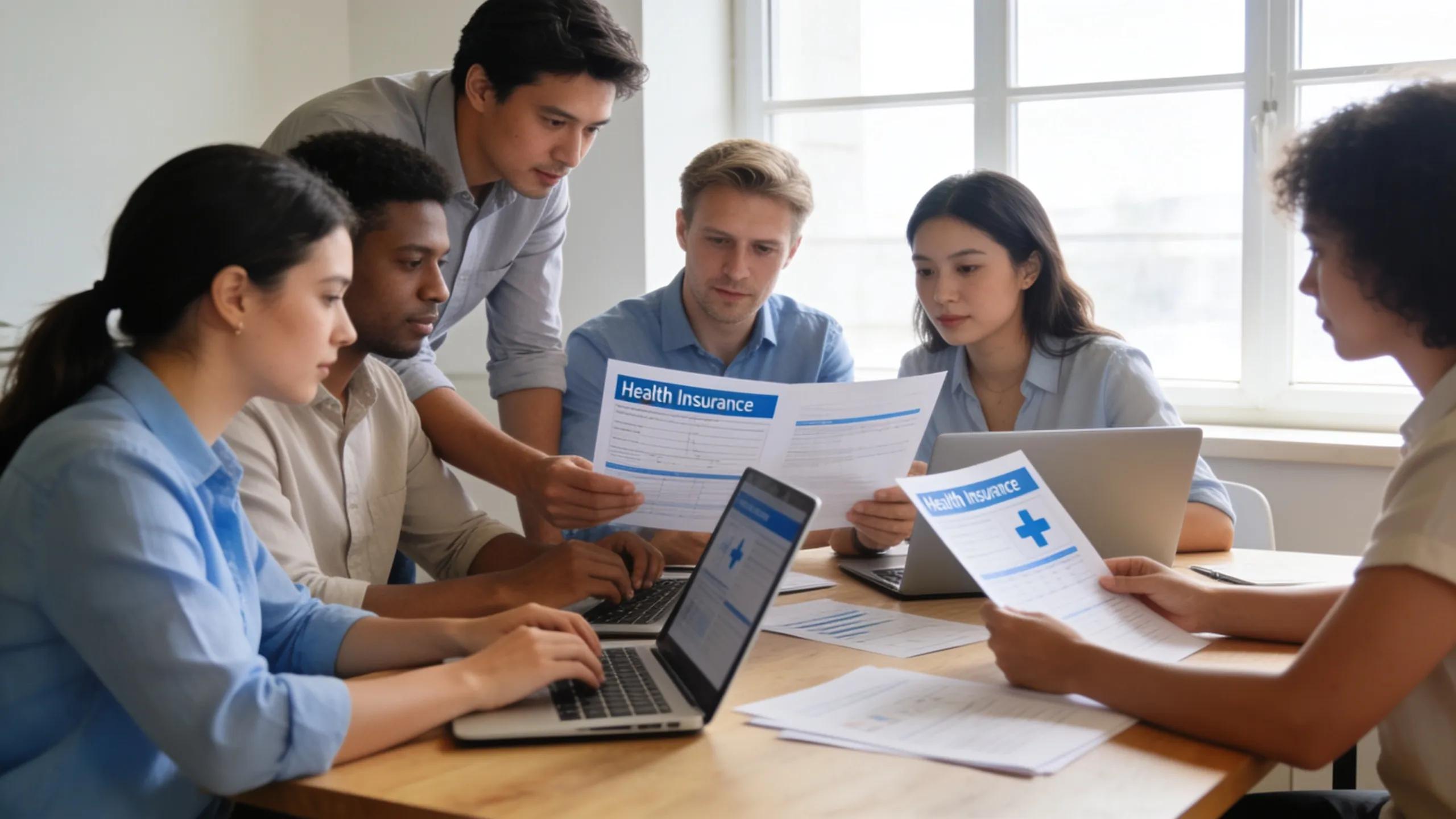 Small business team collaboratively evaluating health insurance options in a bright office space