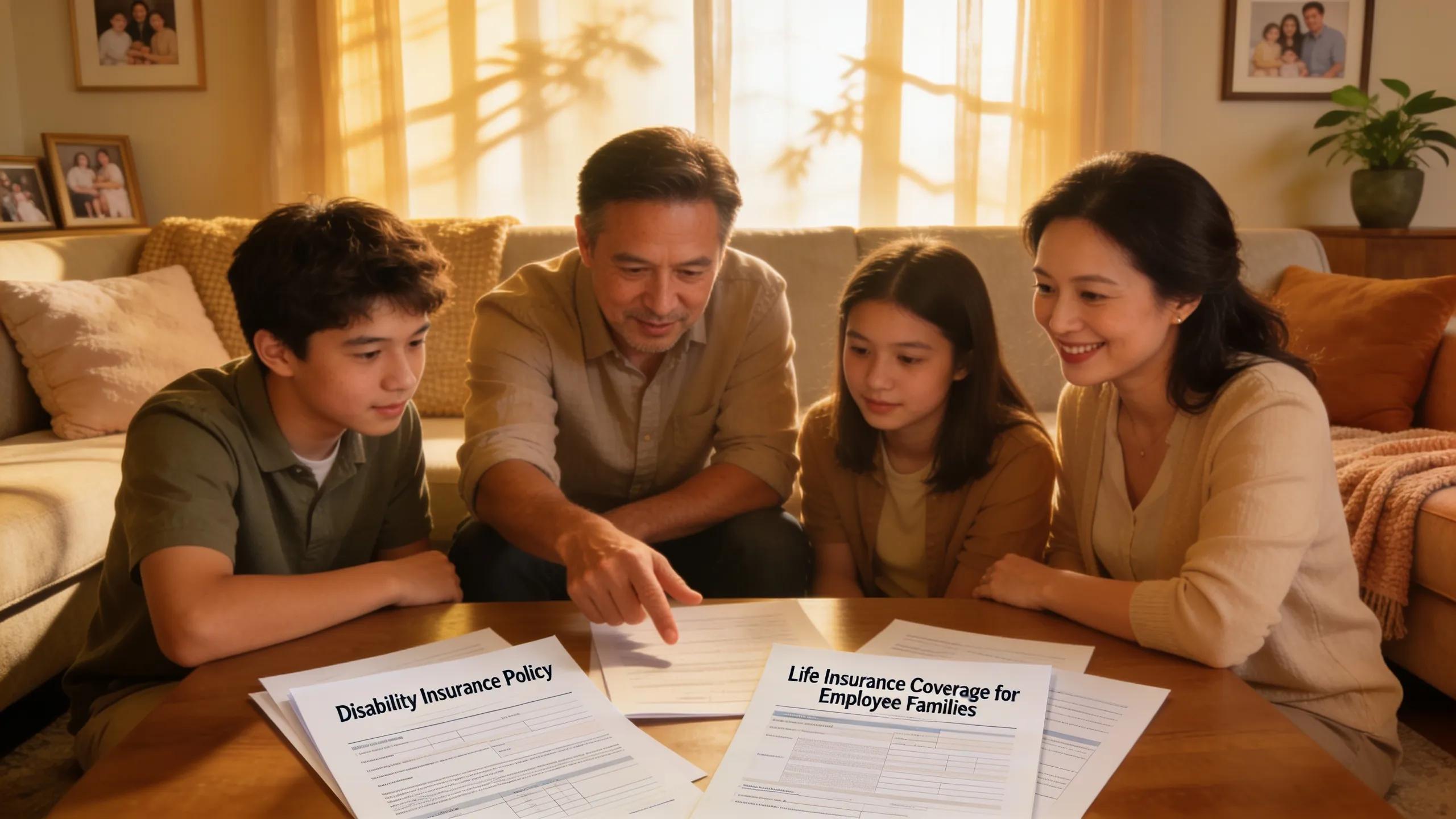 Family planning financial security with life insurance documents in a cozy Grand Haven living room.