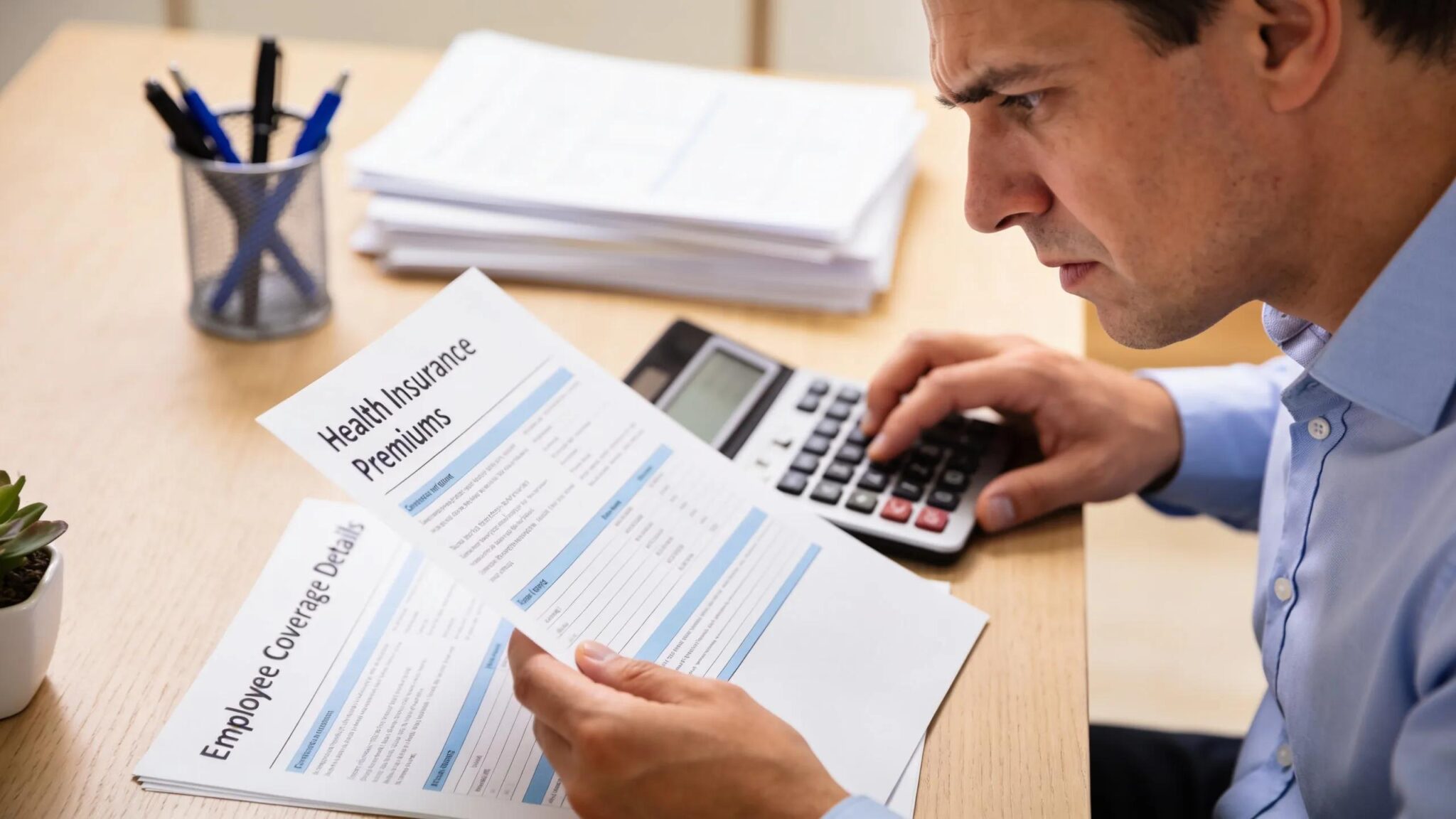 Employer reviewing health insurance plans with calculator and financial documents