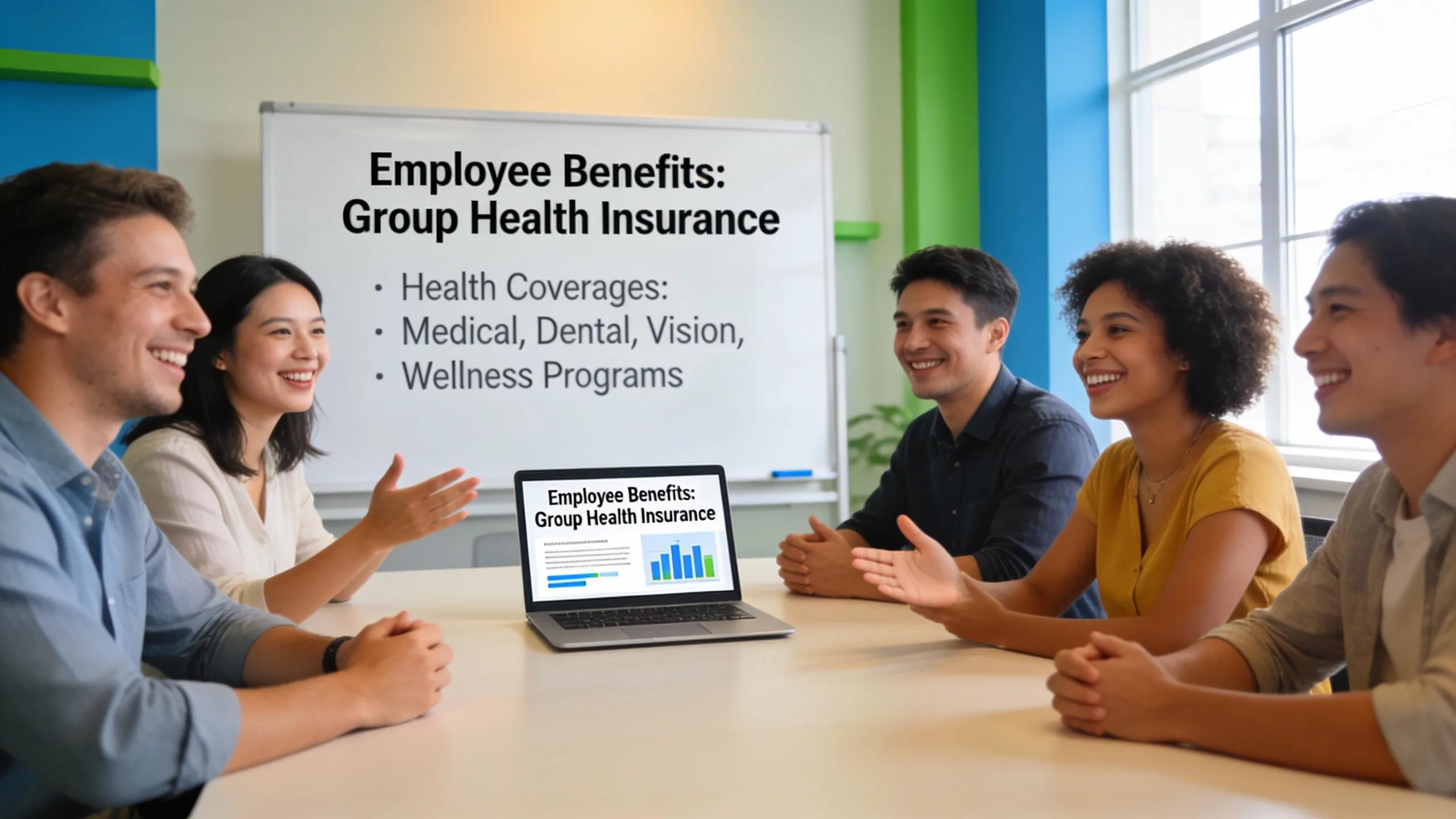 Team meeting discussing the benefits of group health insurance in a professional workplace