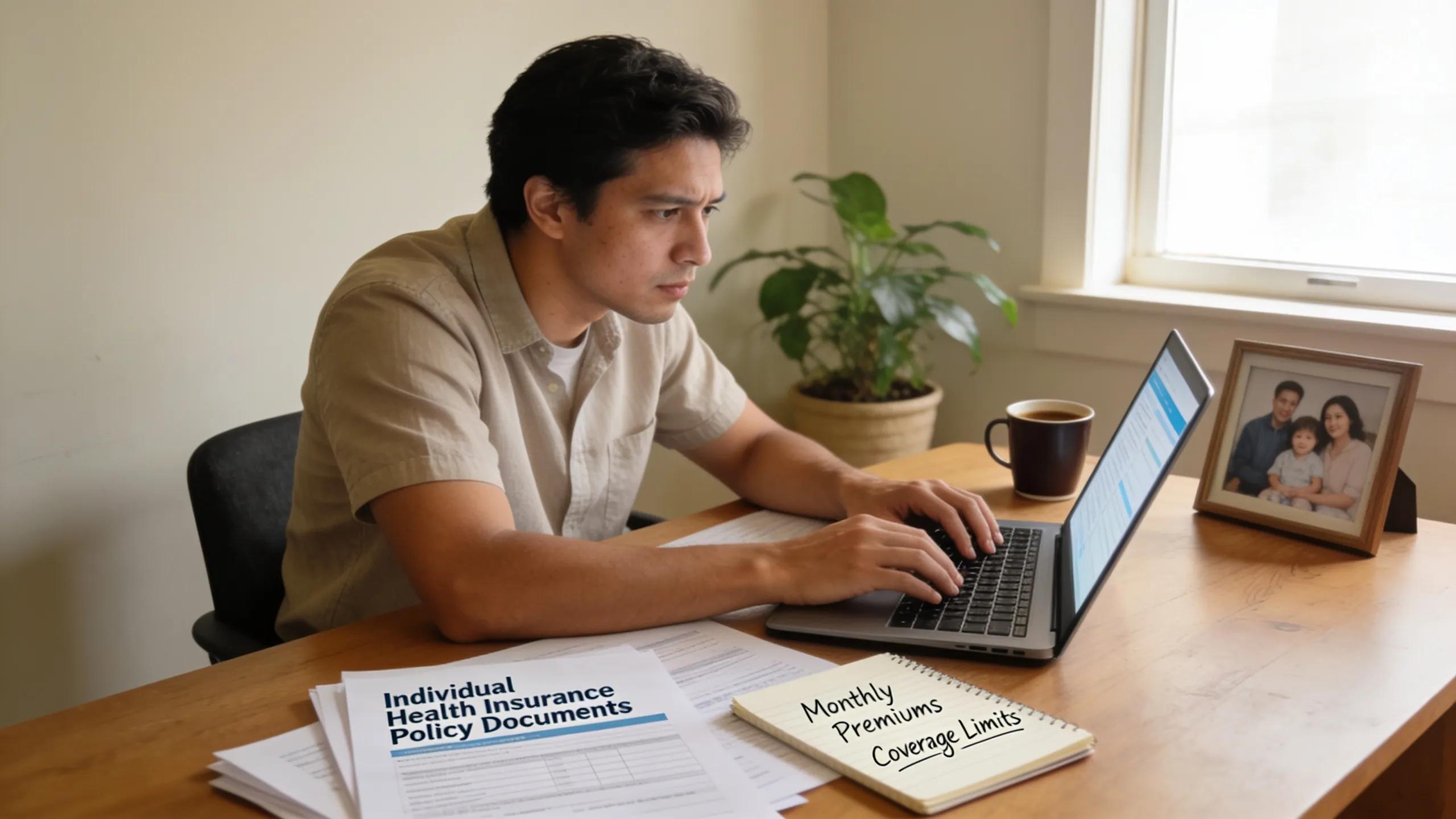 Individual reviewing health insurance plans in a modern home office setting