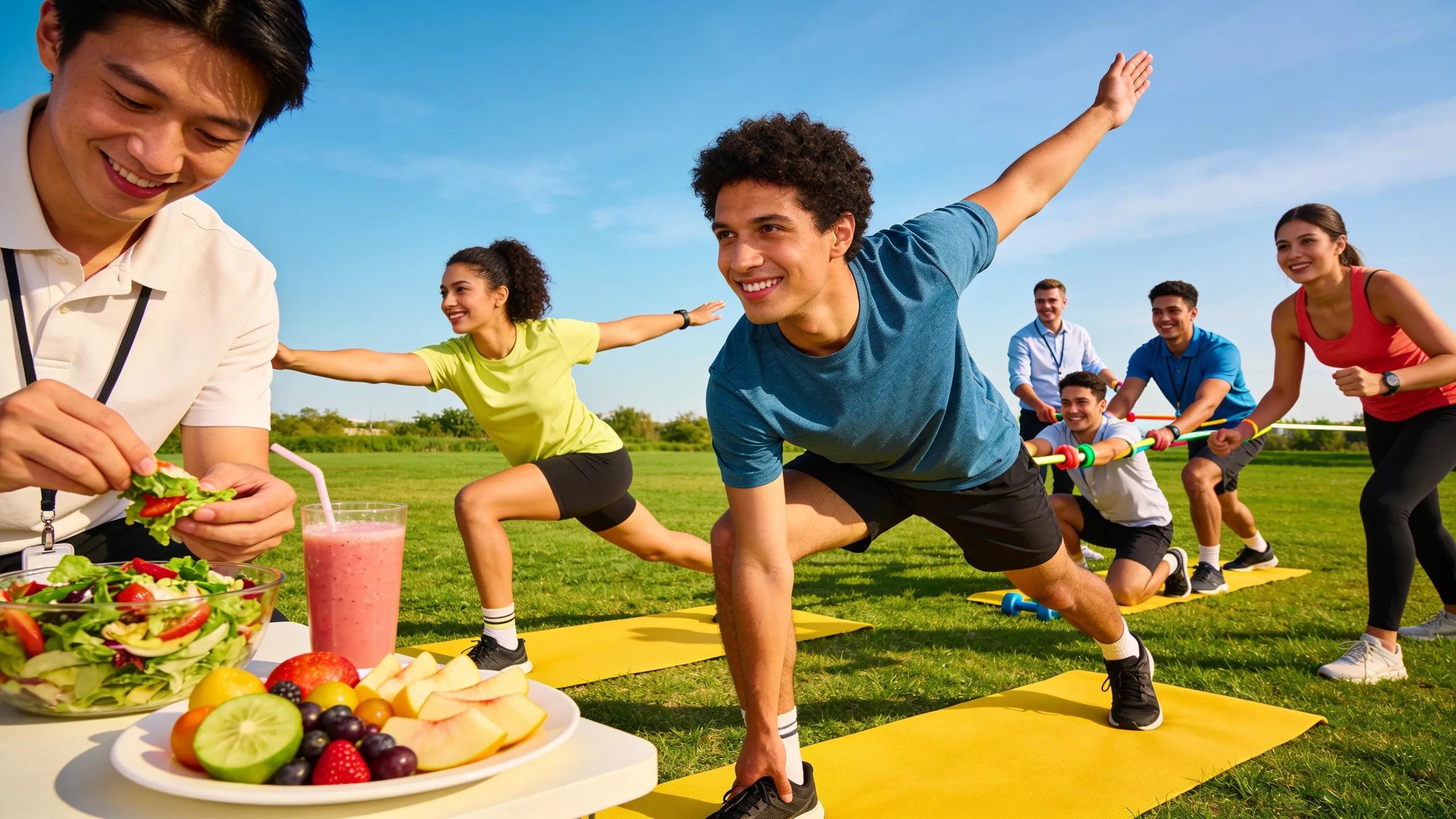 Employees engaging in wellness activities promoting health and satisfaction