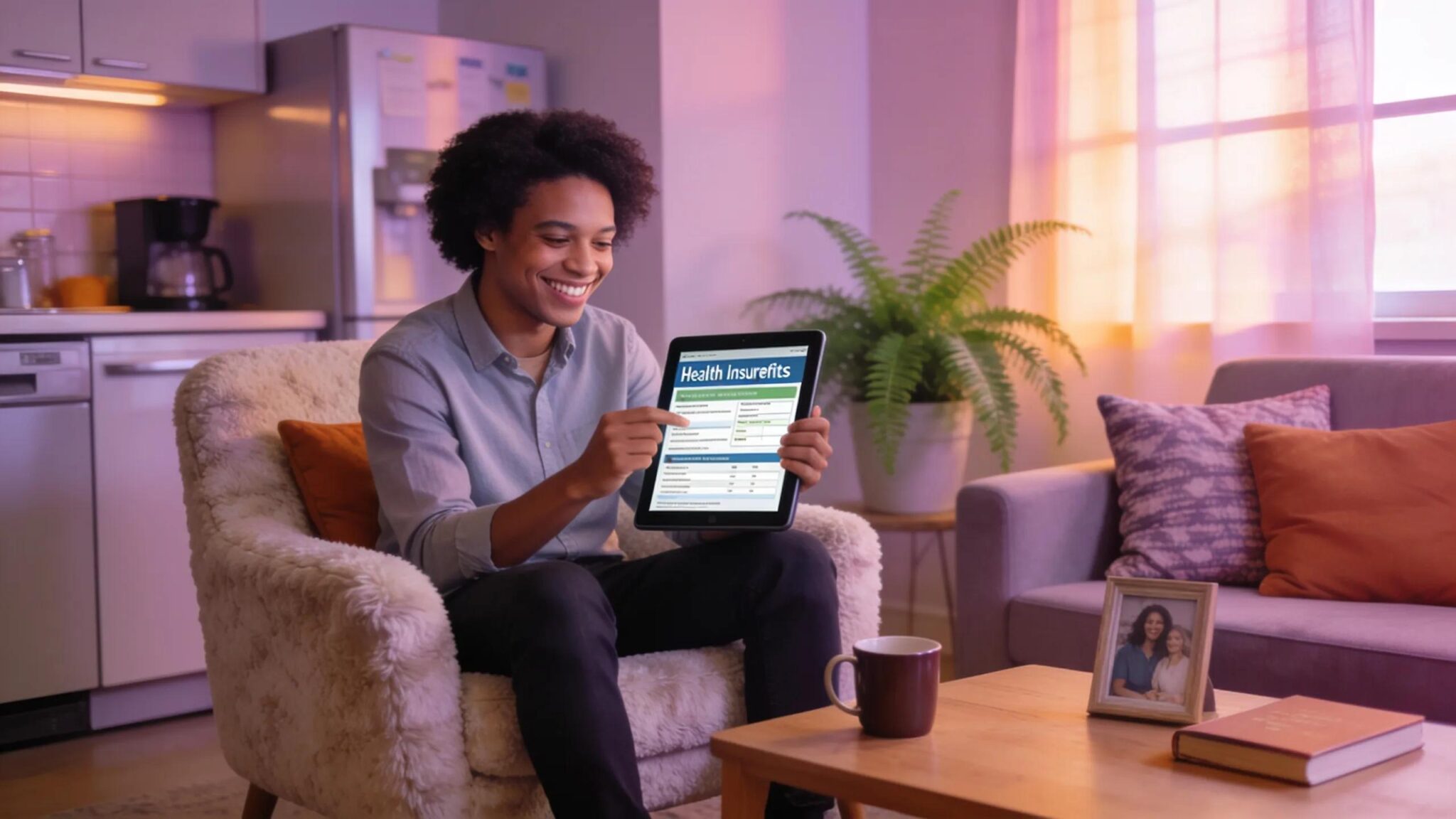 Man reviewing health insurance benefits on tablet, illustrating employee benefits options.