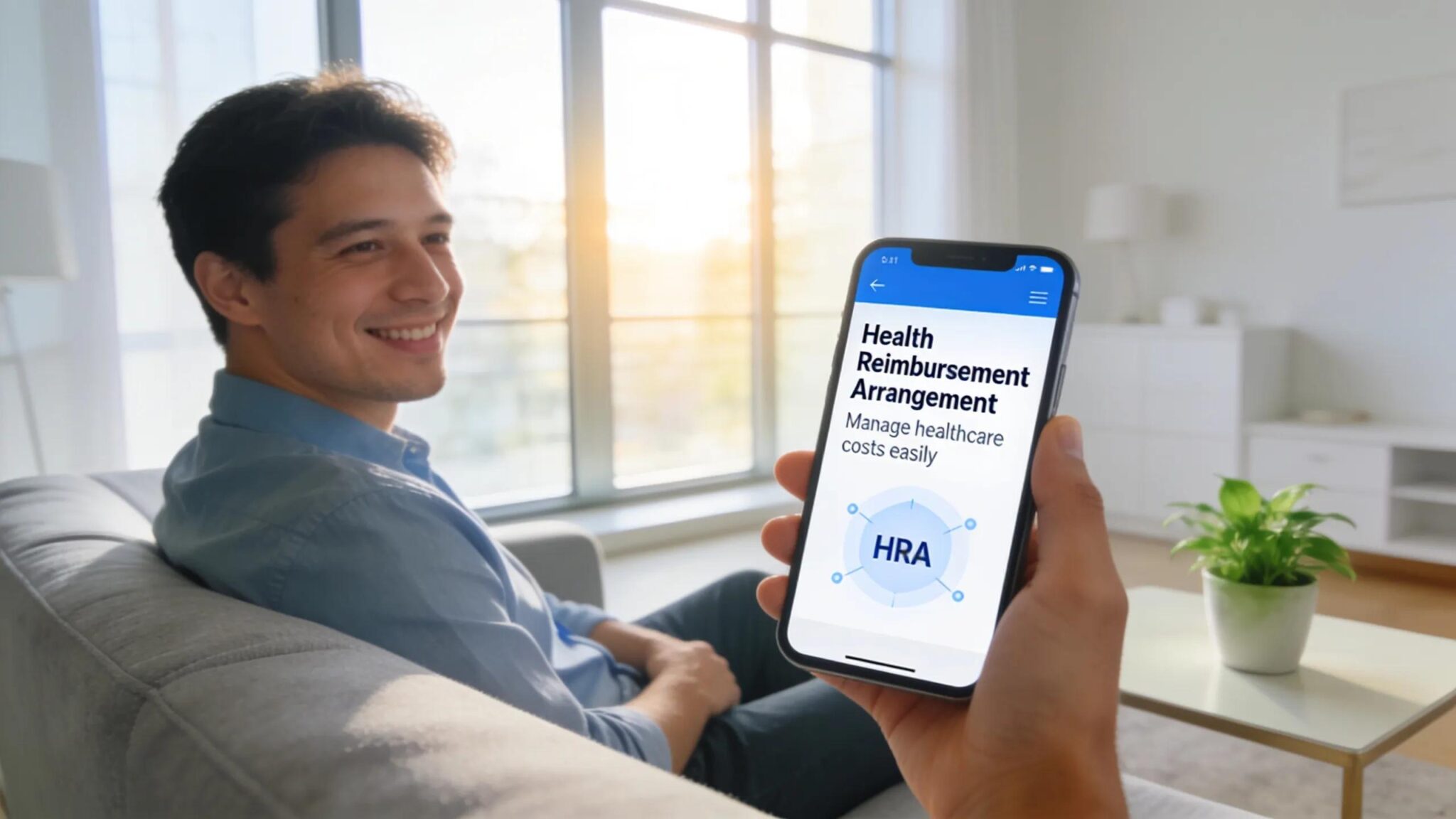 Employee using a smartphone to manage health reimbursement arrangements in a modern living room