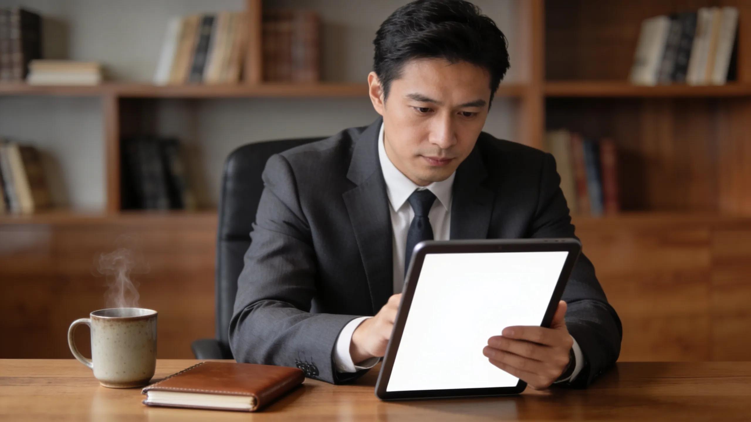 Business leader reviewing health insurance plans on a tablet at a modern desk