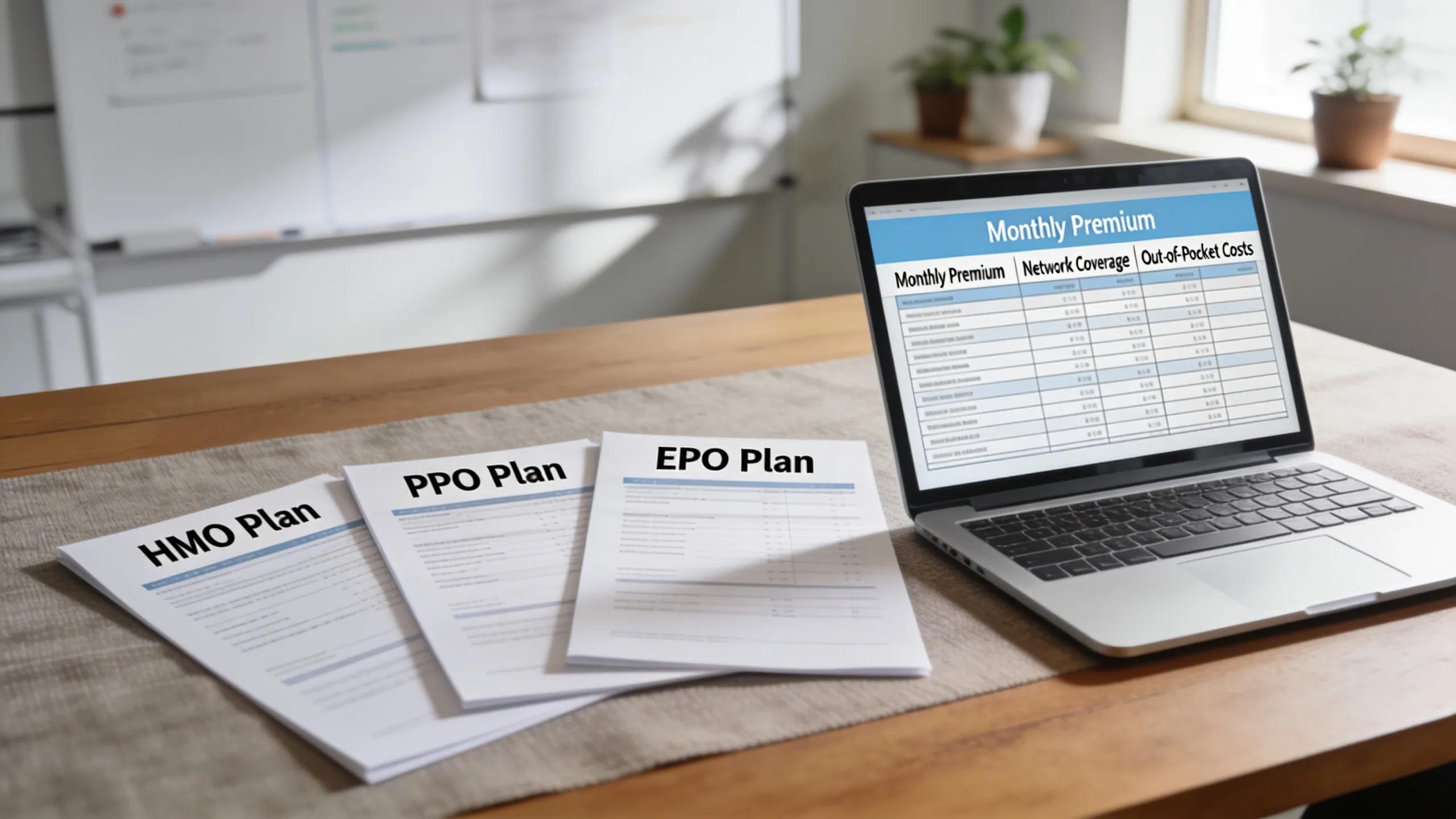 Various health insurance plans illustrated in a professional office setting