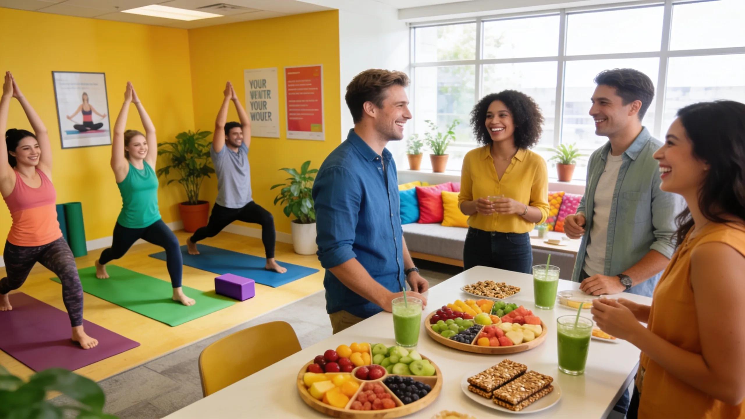 Employees participating in wellness activities in a modern breakroom, enhancing group health strategy
