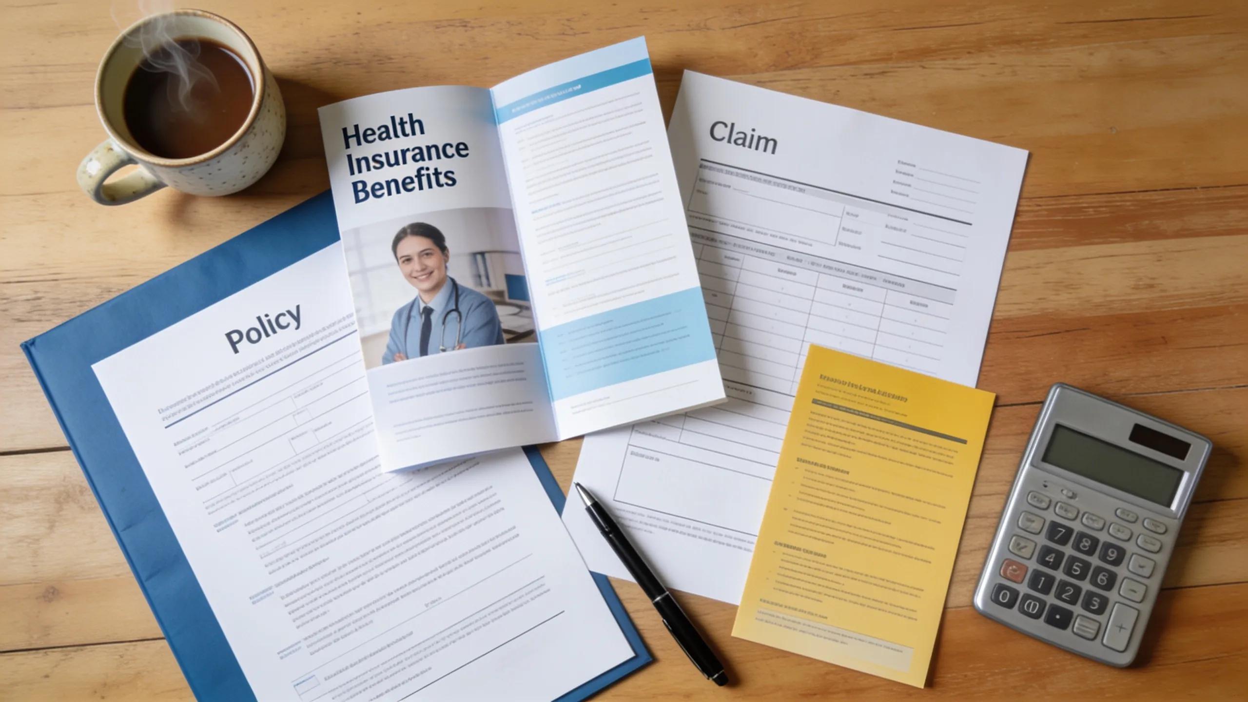 Flat lay of health insurance documents, a calculator, and a cup of coffee on a wooden desk representing insurance options