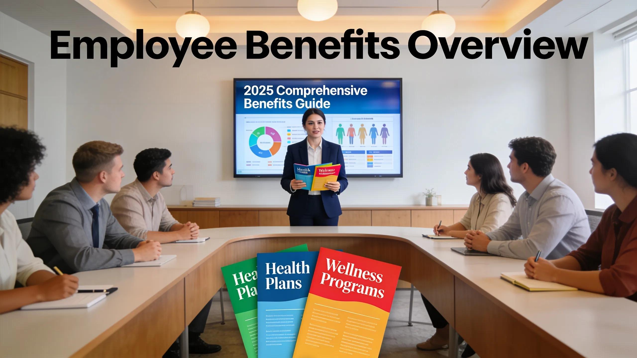 HR representative presenting employee benefits options to engaged staff in a modern office