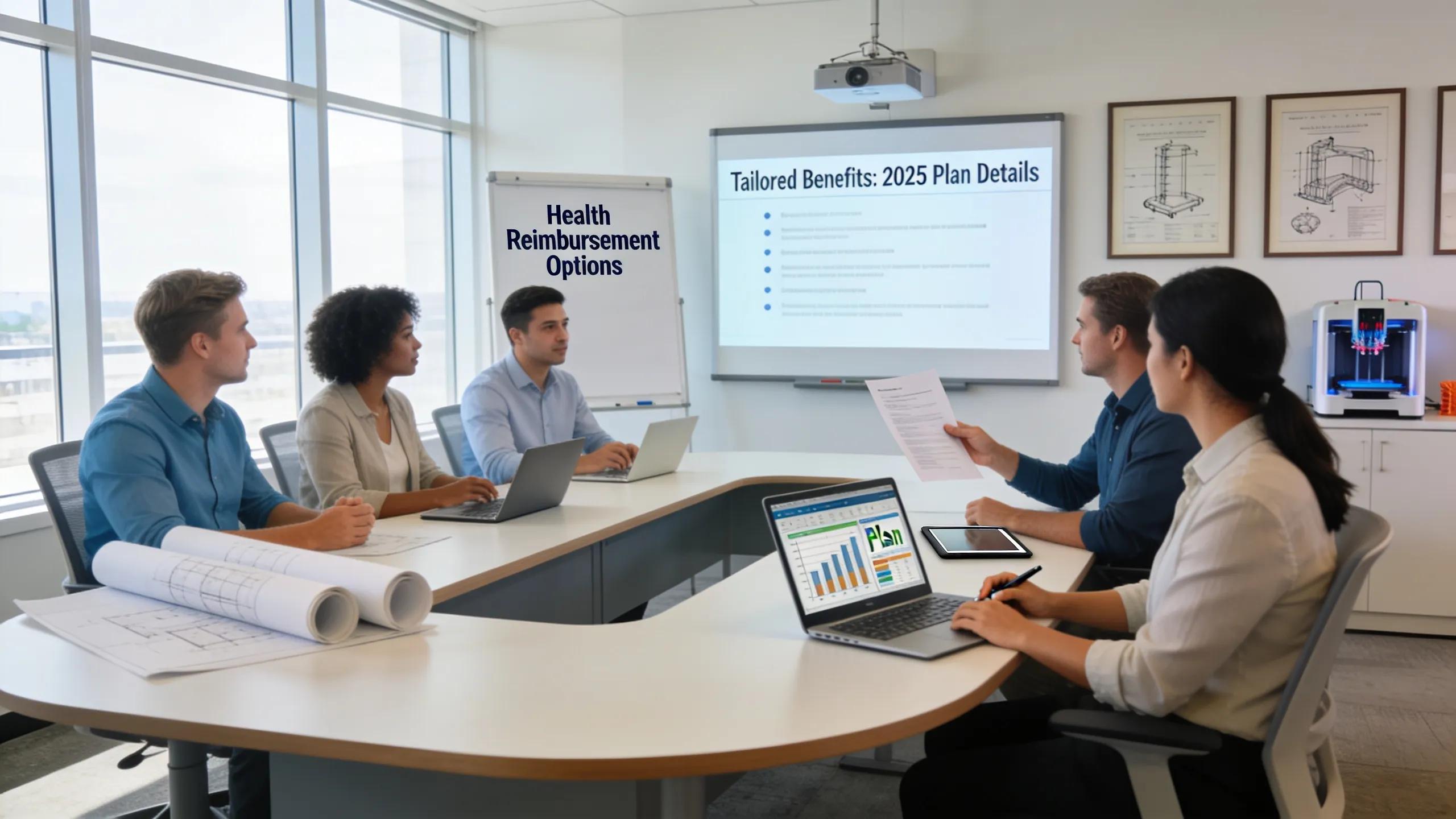 Employees in an engineering office discussing health reimbursement options surrounded by blueprints and modern technology