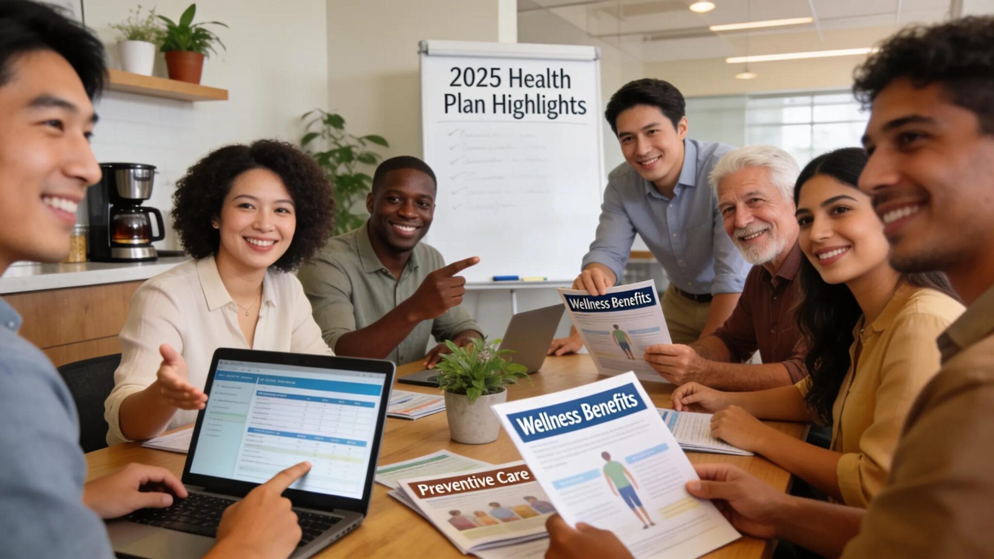 Diverse group of employees reviewing health plan highlights and wellness benefits.