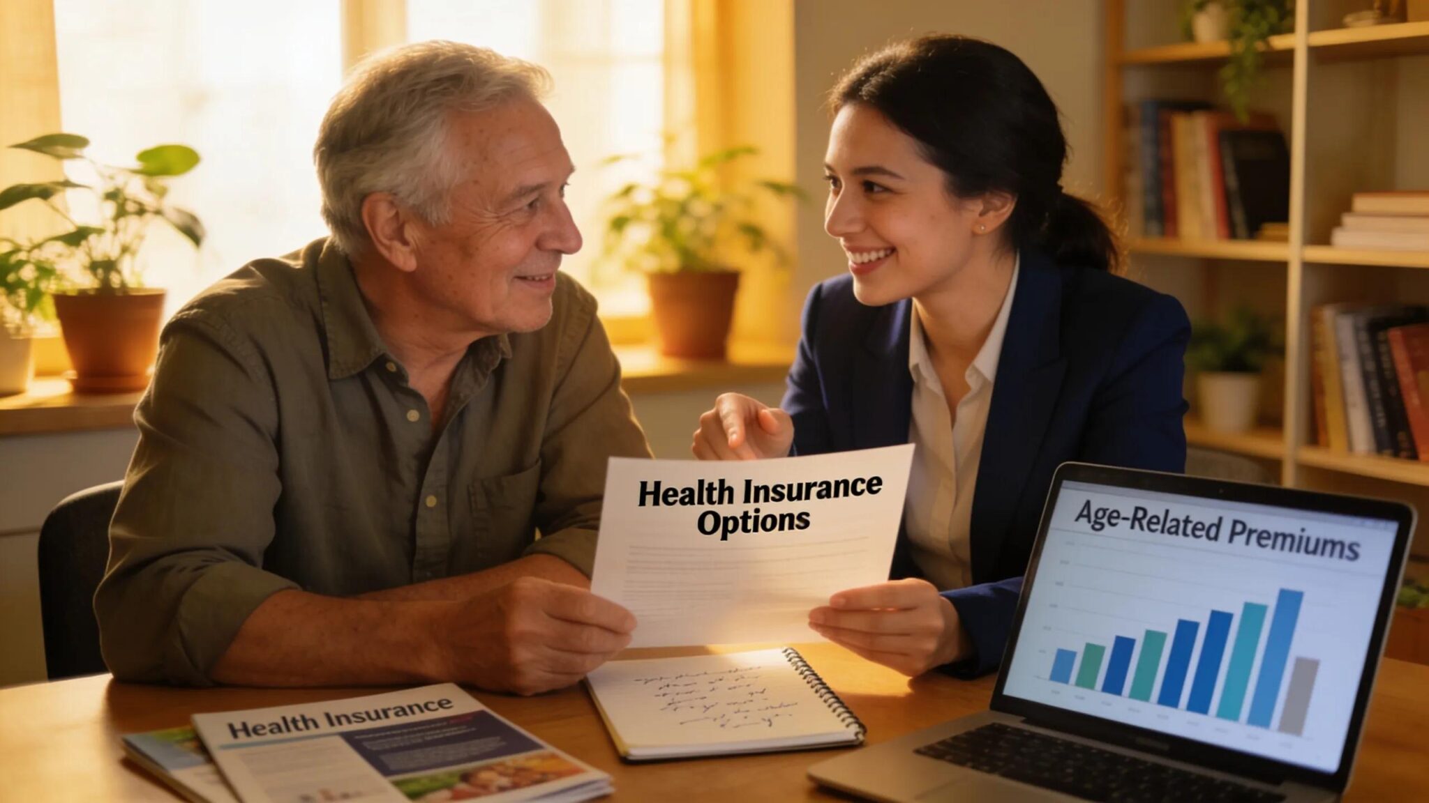 Health insurance options and age-related premiums discussion with consultant and client.