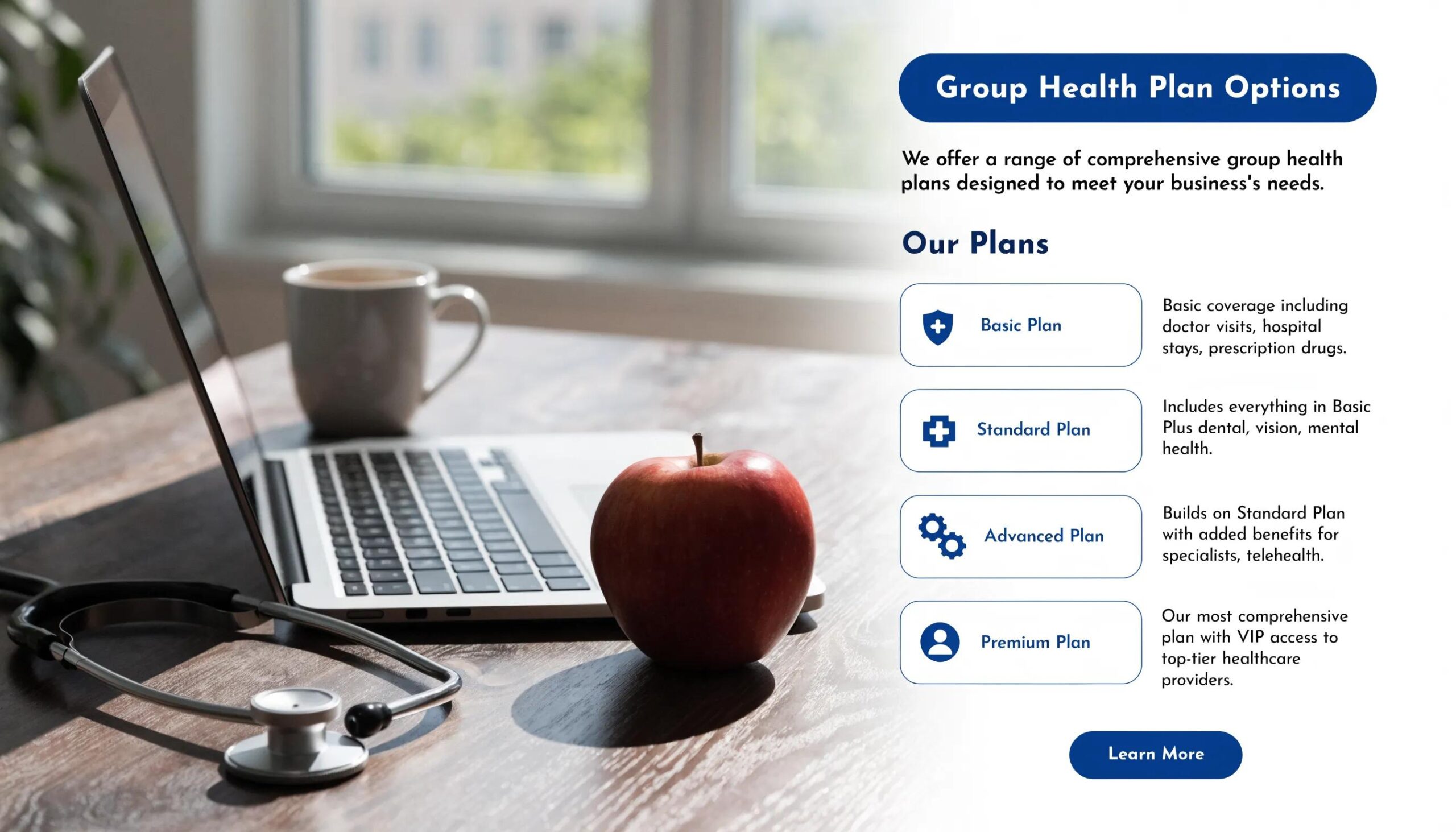 Close-up of brochures showcasing various group health plans on a modern office desk