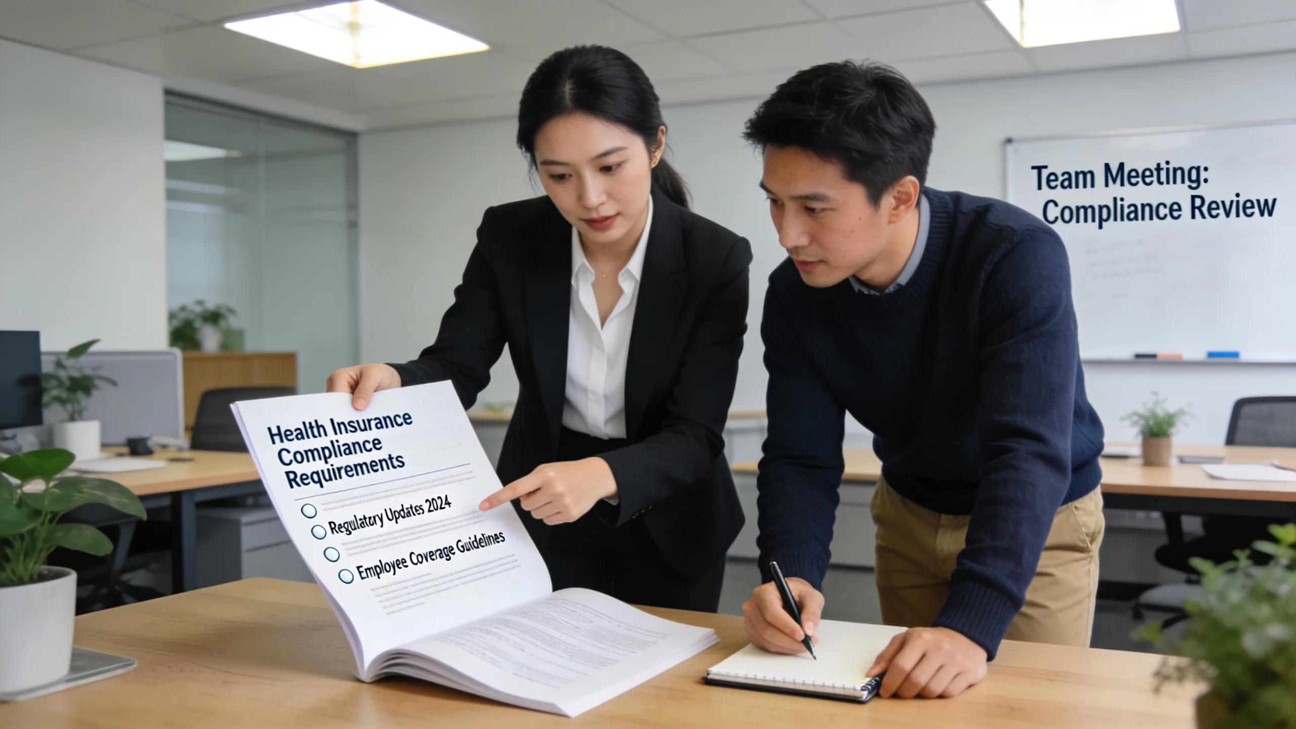 HR manager discussing compliance requirements for group health insurance with a colleague in an office