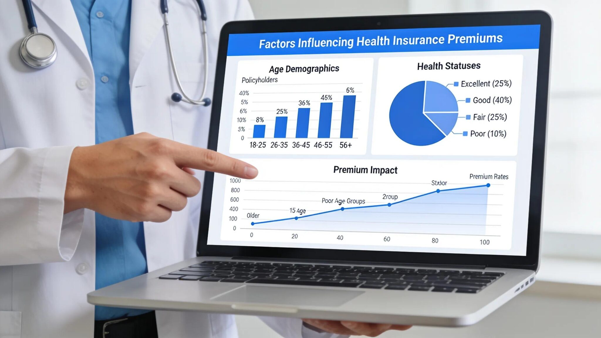 Healthcare professional explaining factors influencing employee health insurance premiums
