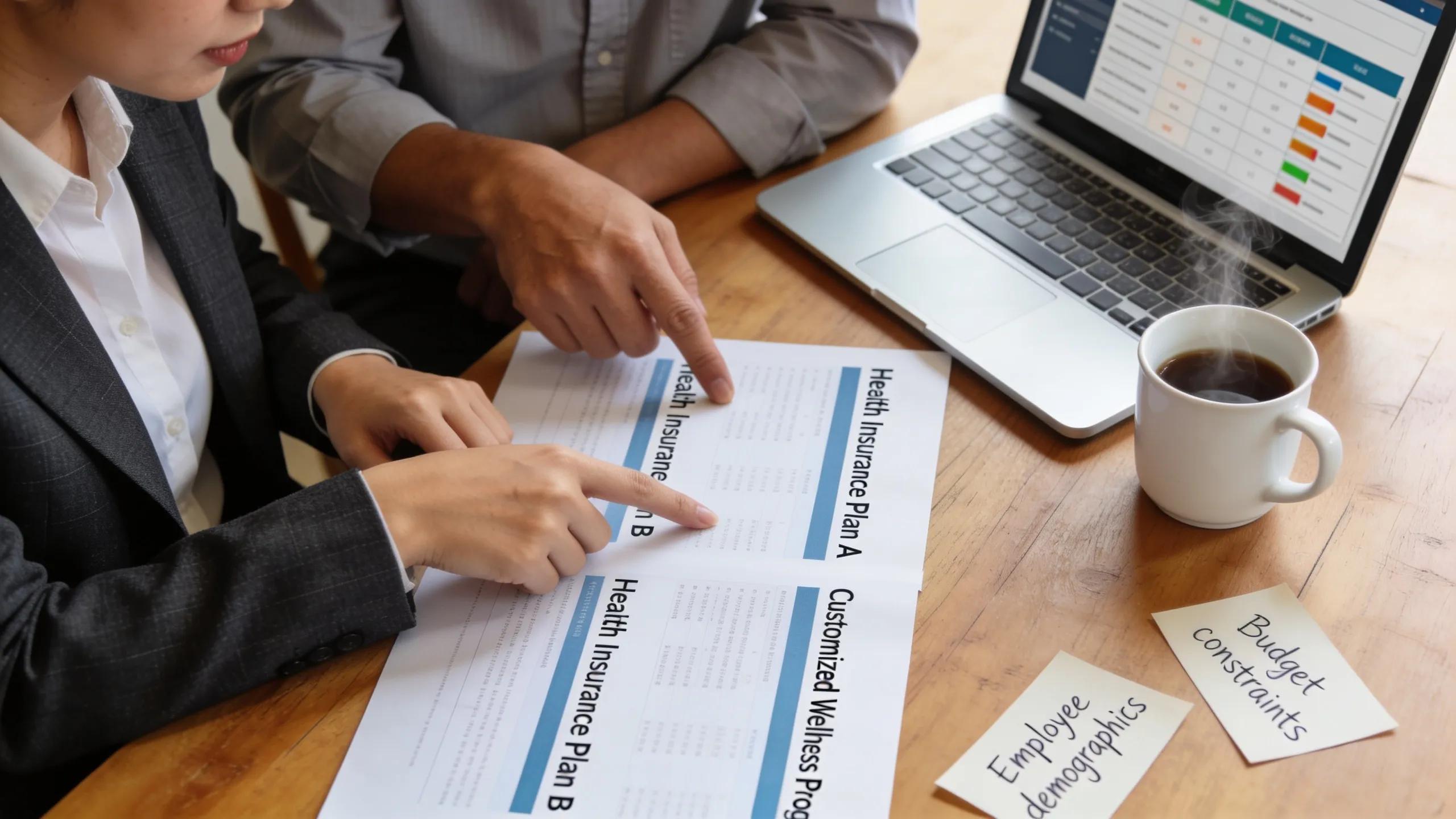 A broker providing consulting services to a small business owner, discussing customized health insurance plans for employee benefits.