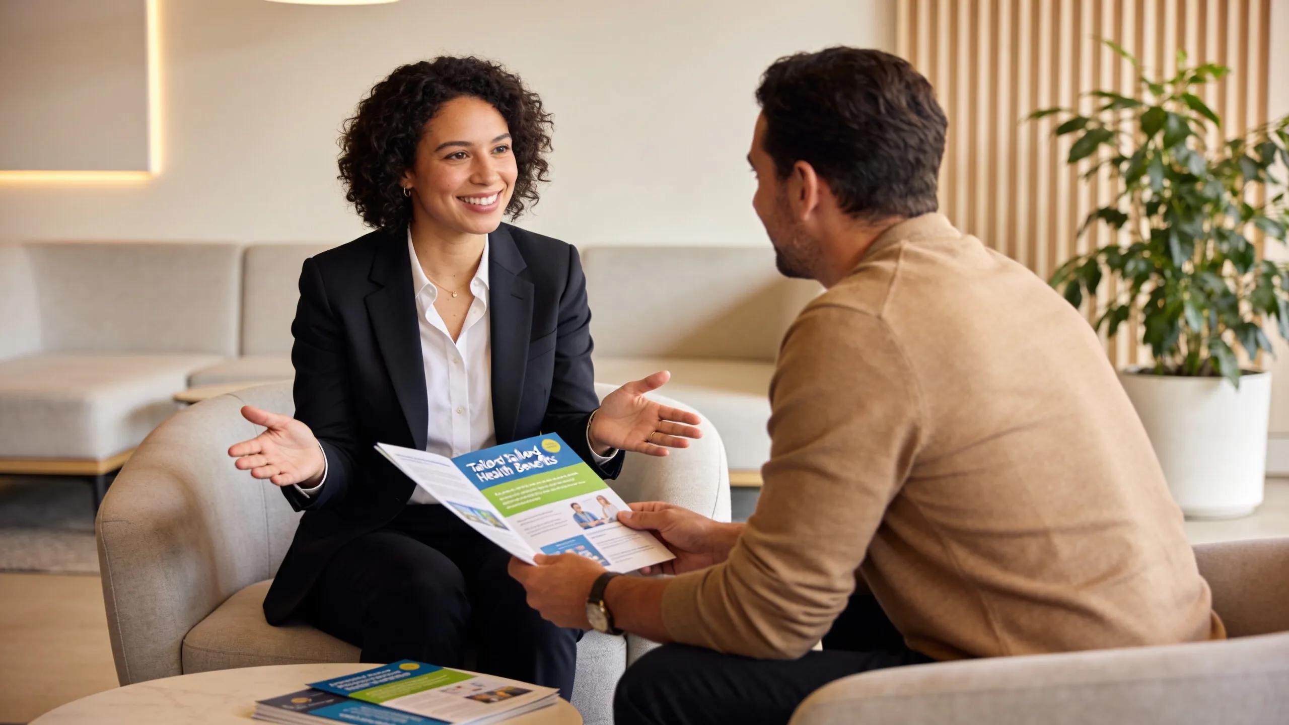 An employee benefits consultant providing guidance to a small business owner about improving health coverage, emphasizing personalized support