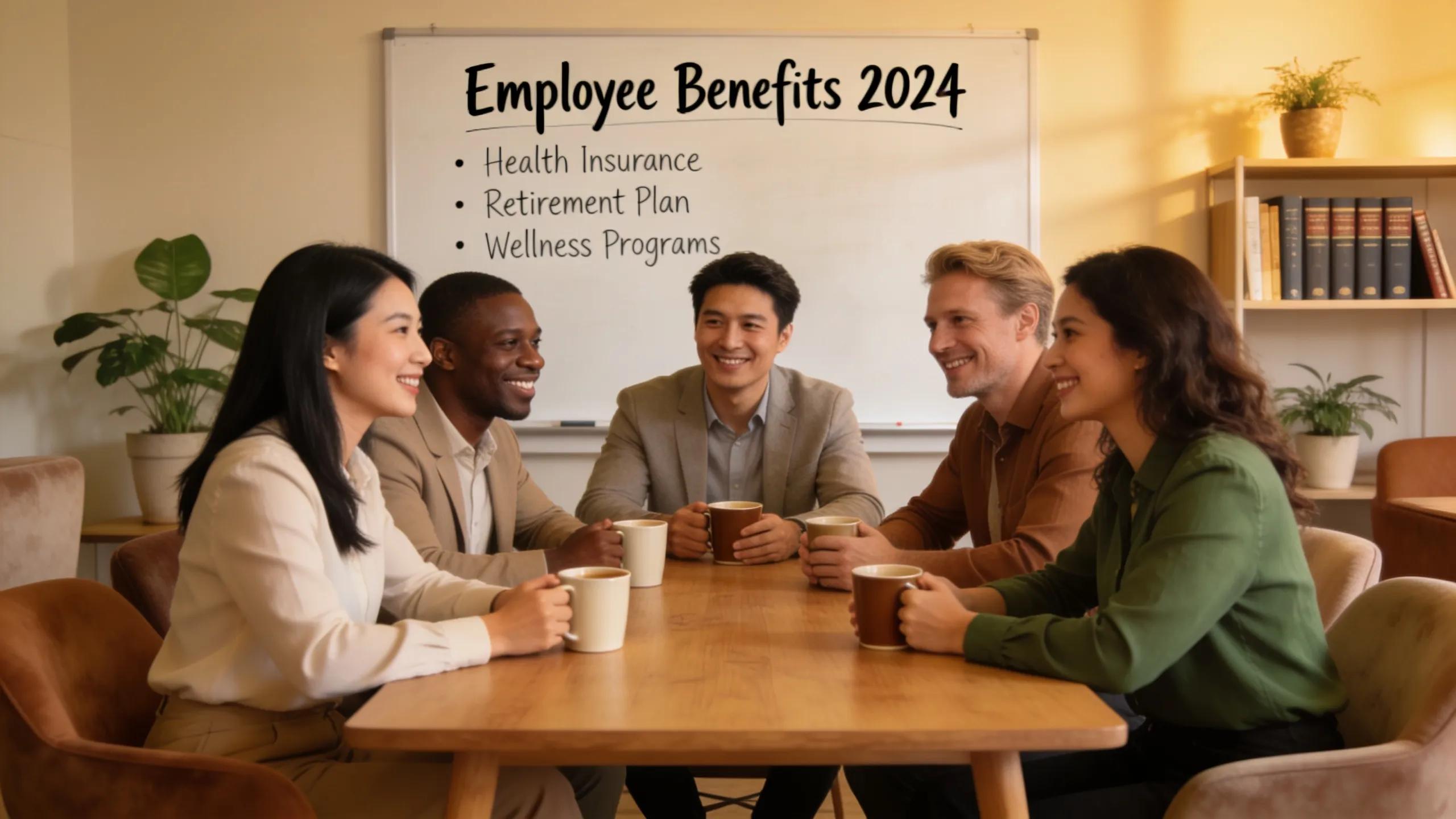 Diverse group of professionals discussing employee benefits in a cozy office environment