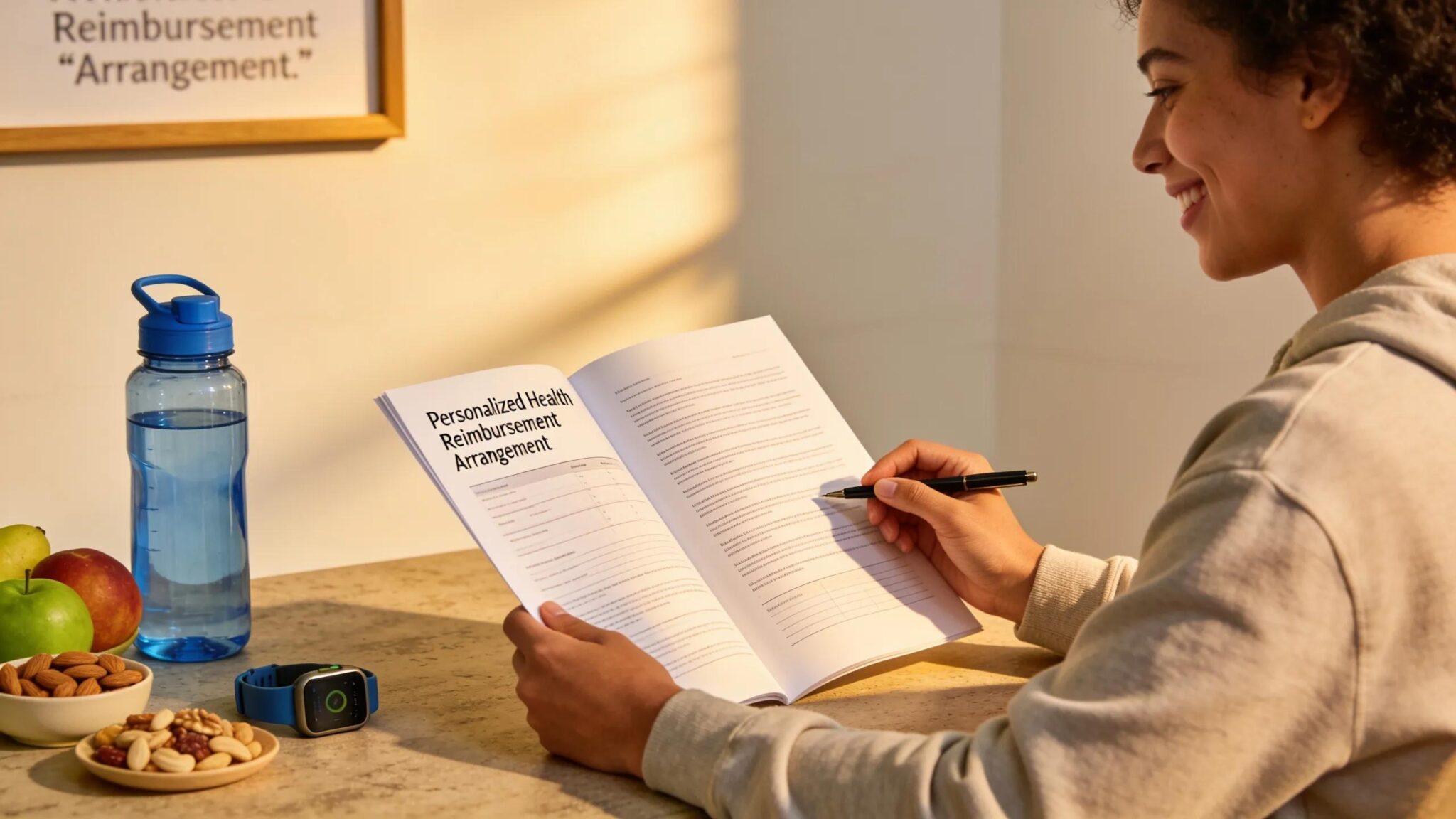 Woman reviewing Personalized Health Reimbursement Arrangement details, illustrating alternative employee benefits options.