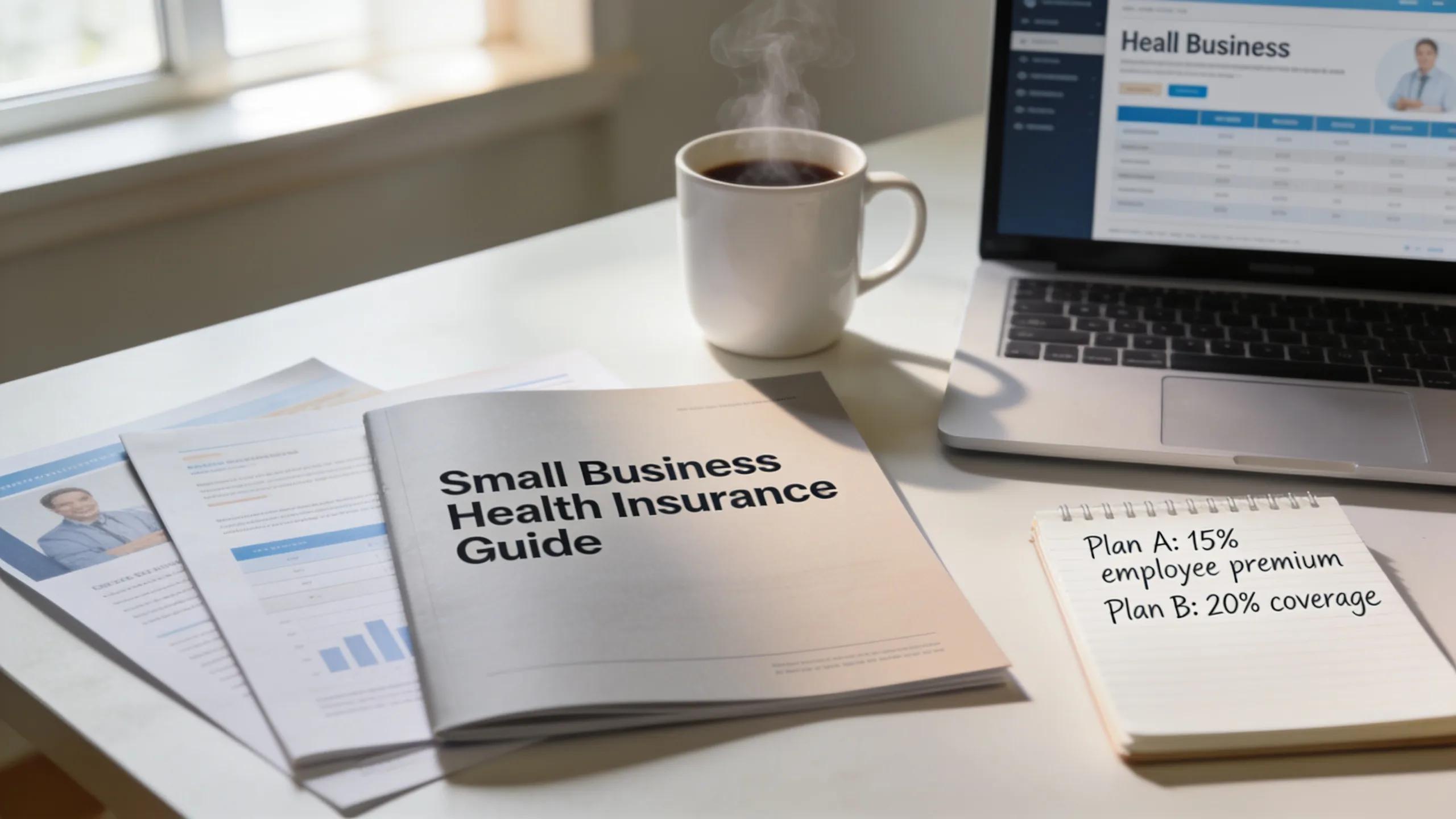 Health insurance materials and a workspace representing choices for employee benefits