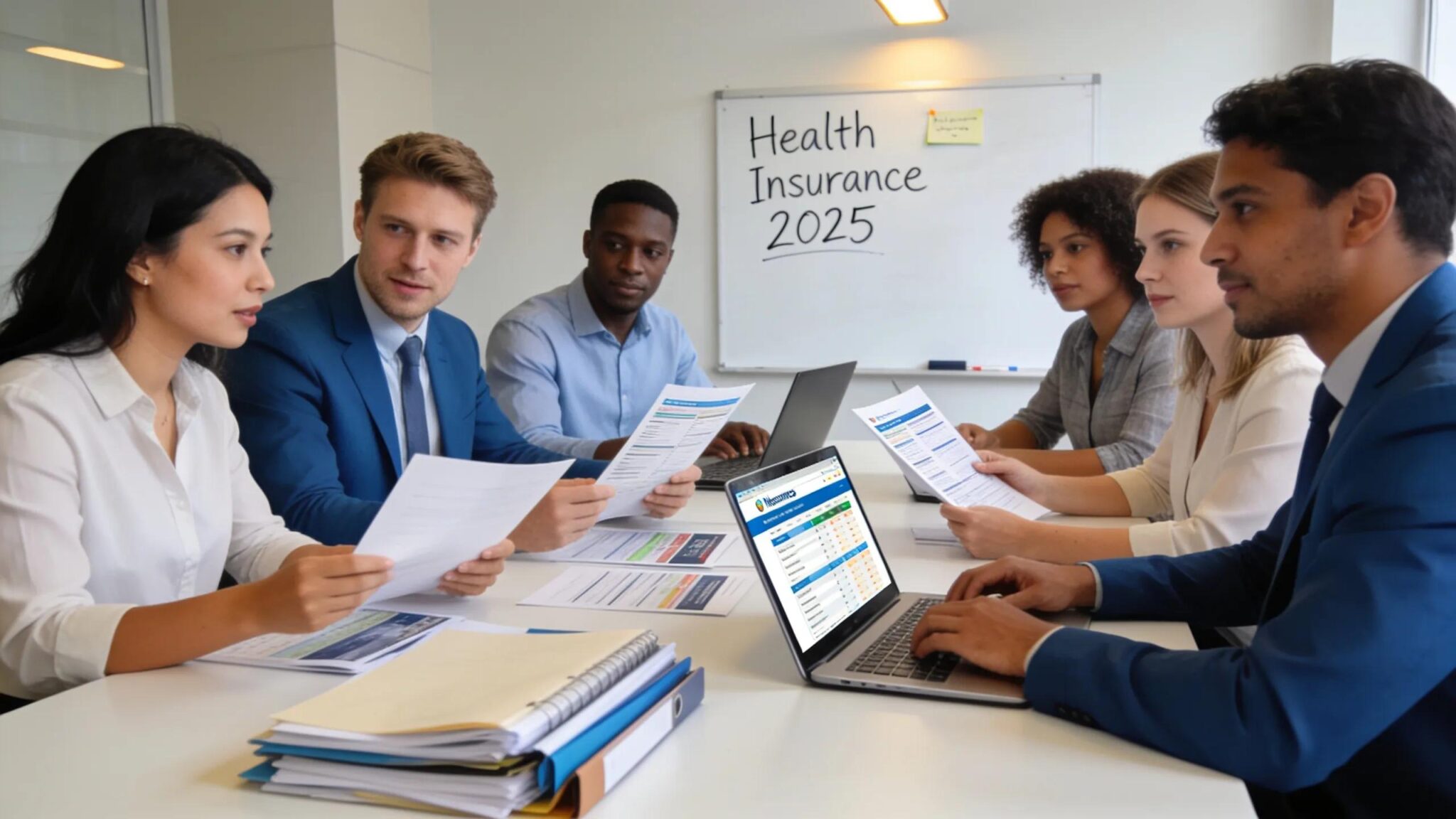 Group of employees in an office discussing health insurance options and costs