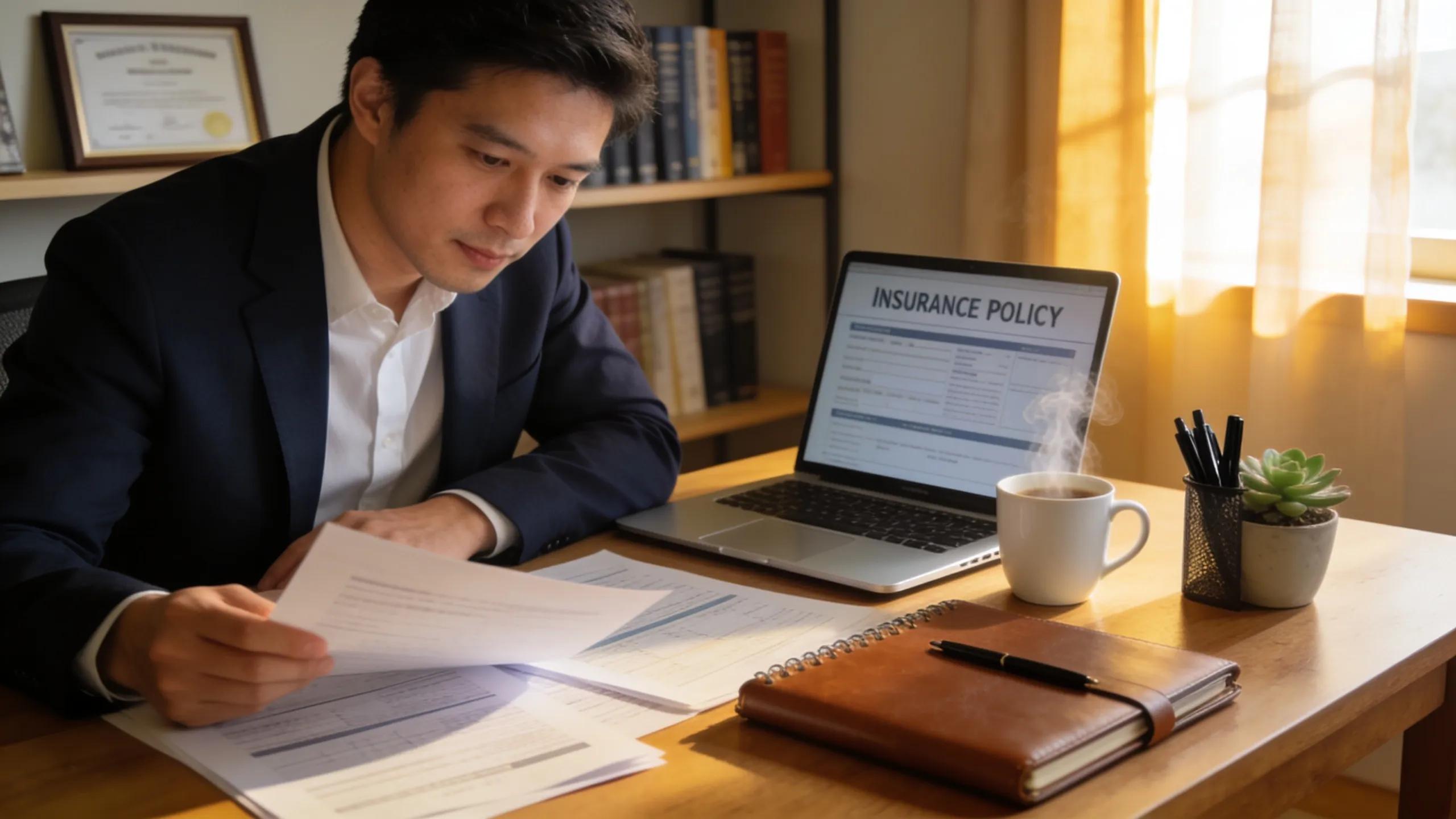 Business owner reviewing essential insurance policy options in a cozy office