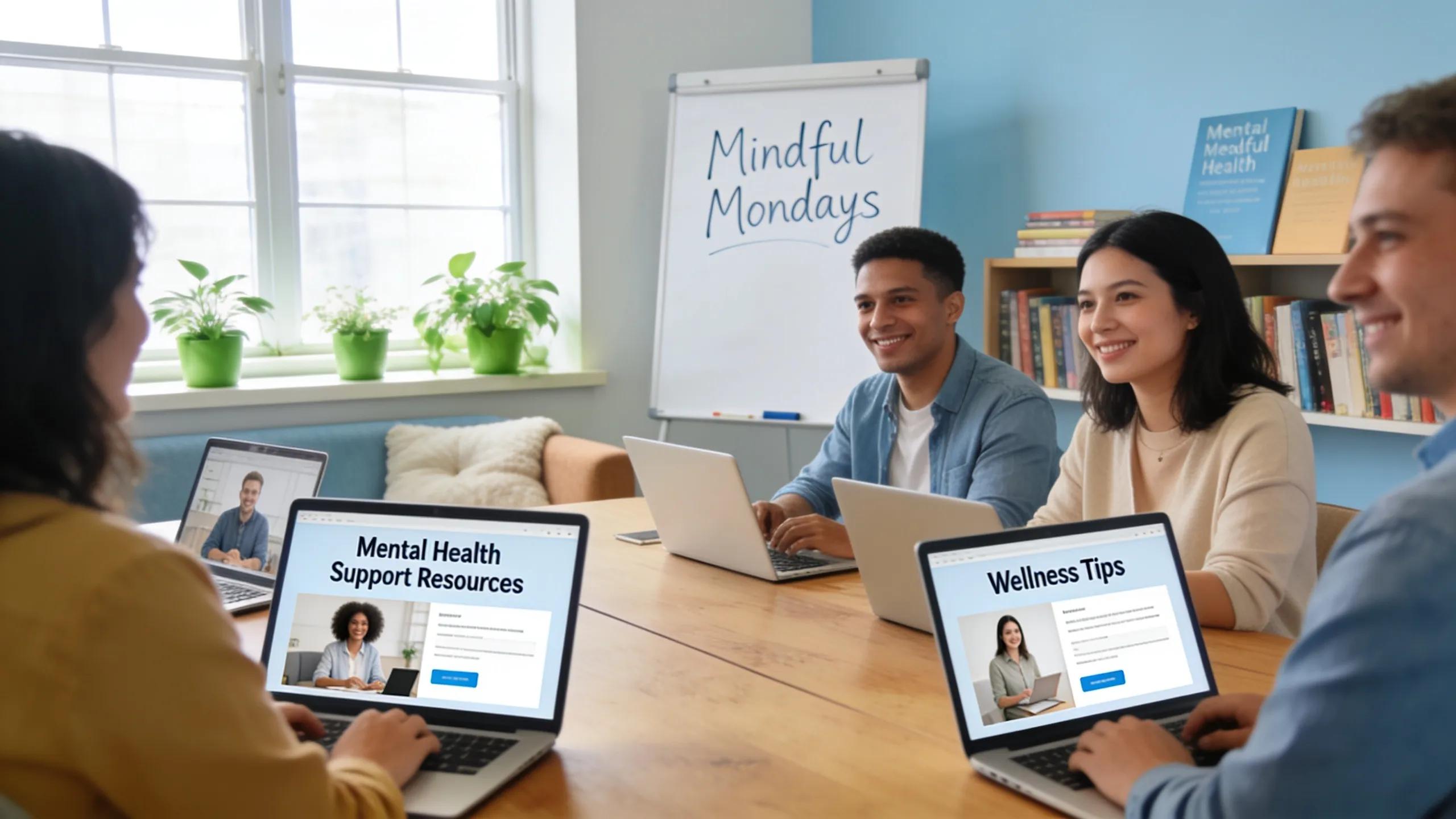 Employees discussing mental health support trends in an office setting