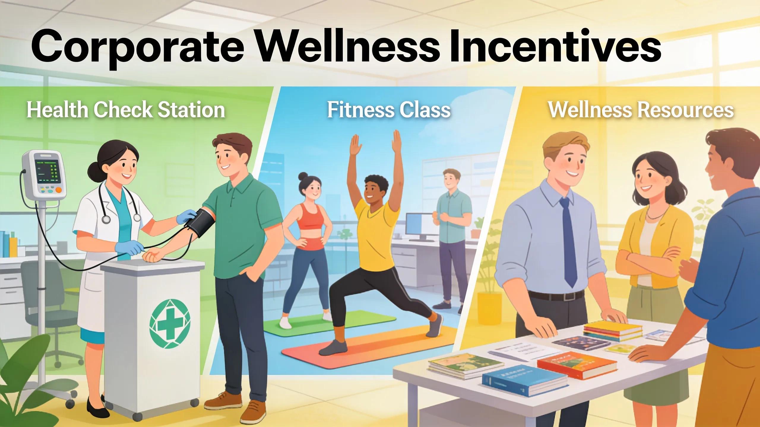 Corporate wellness incentives illustration: health check station, fitness class, and wellness resources for employee health