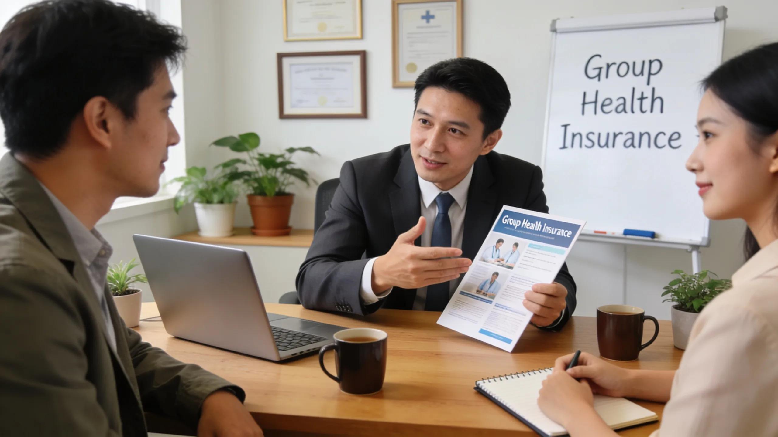 Healthcare expert explaining group health insurance options to small business owners.