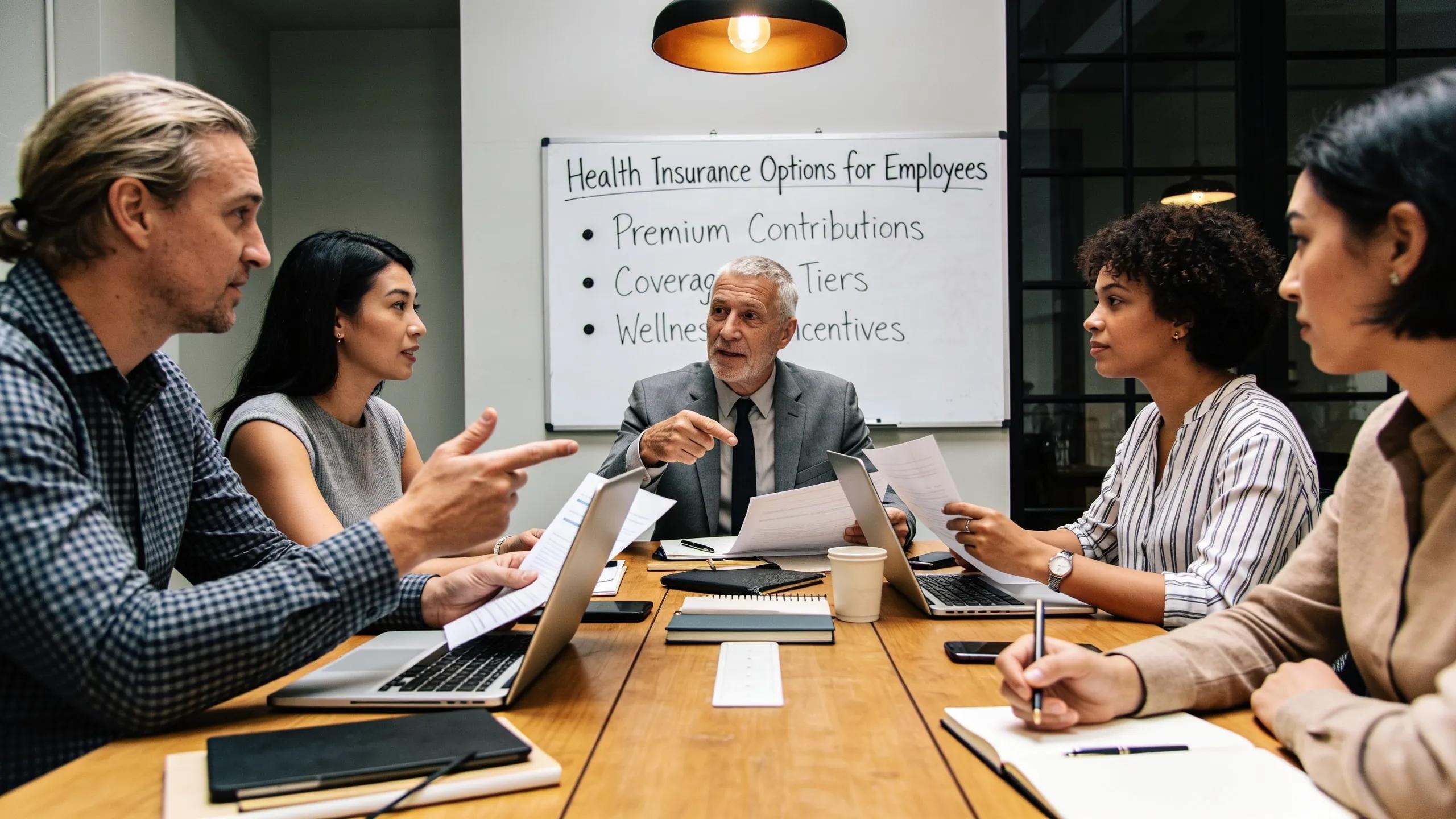 A diverse team of small business employees discussing group health insurance options, highlighting collaboration and teamwork in decision-making