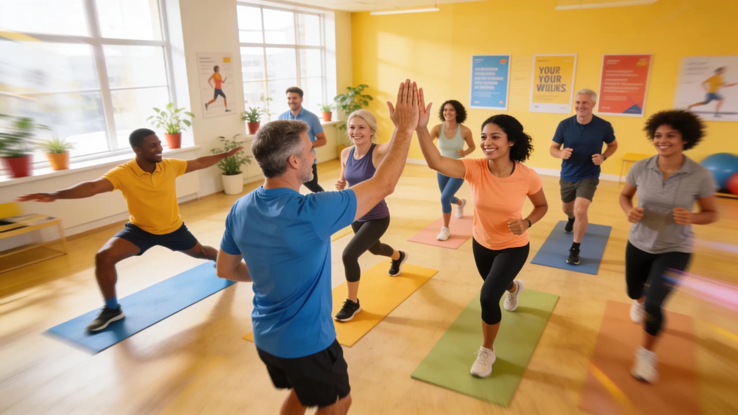 Employees engaging in a wellness program exercise class promoting health and fitness initiatives