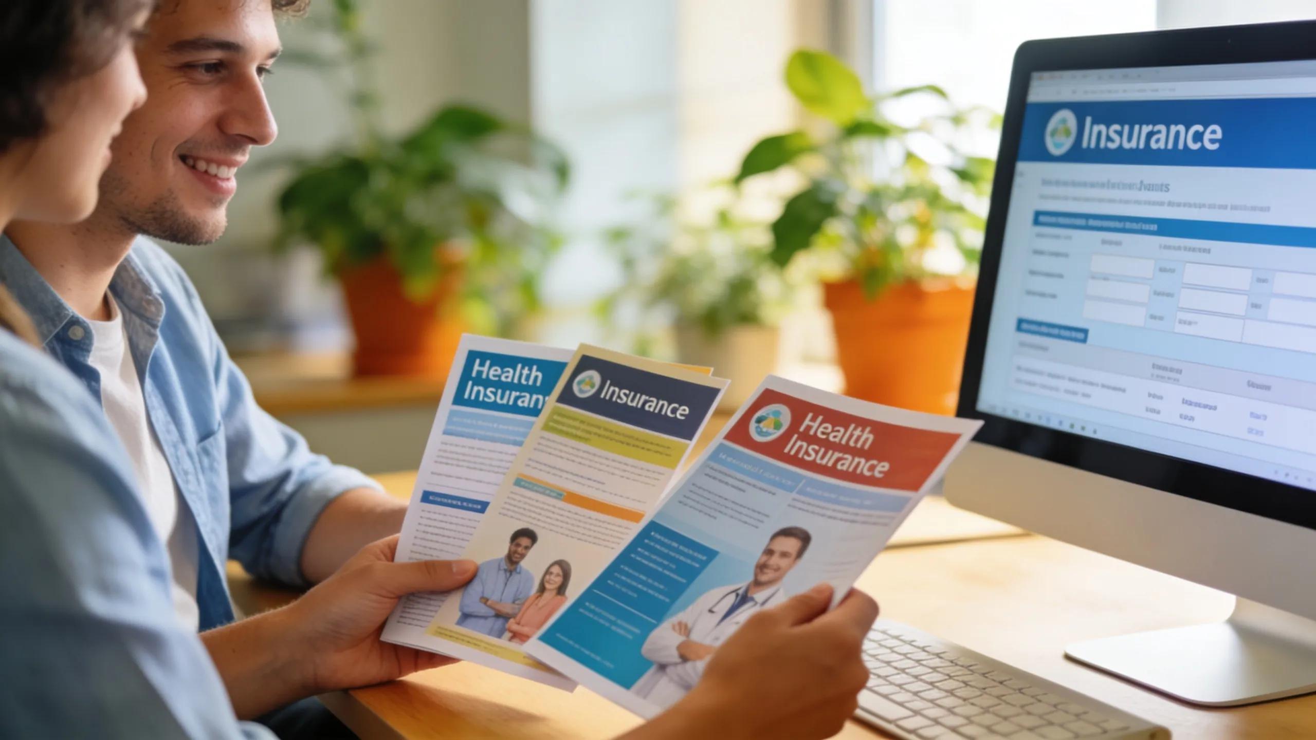 Employees evaluating various health insurance brochures together at a modern workspace