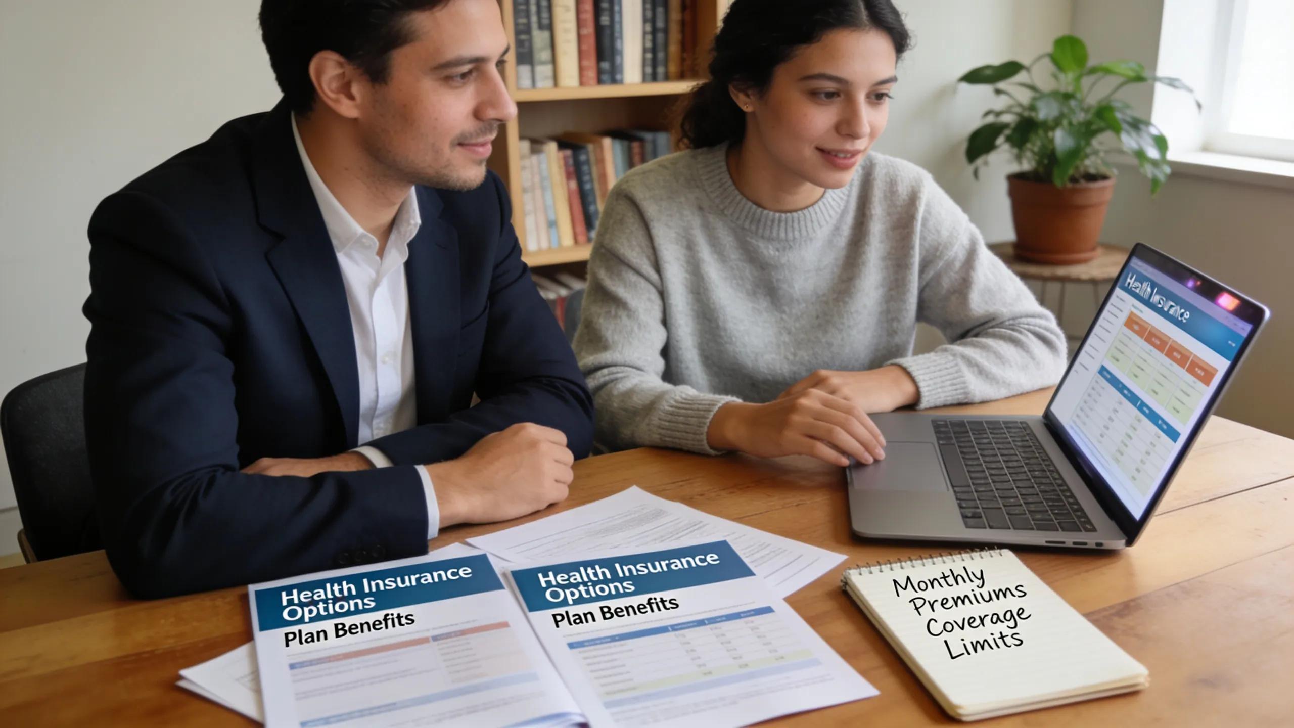 Small business owner and advisor discussing health insurance options in a cozy office setting