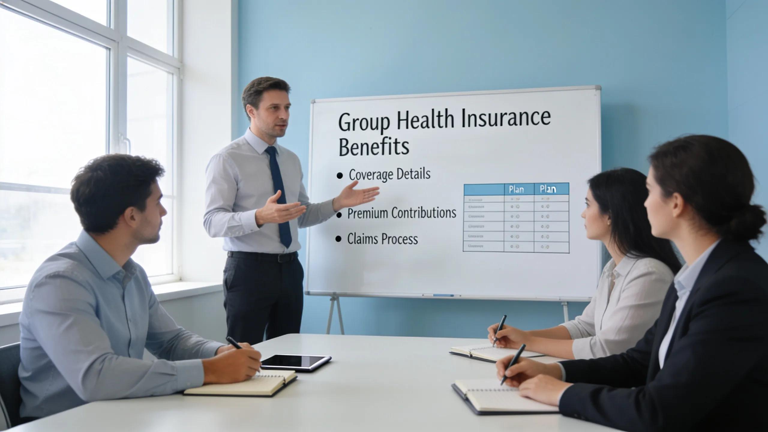 Manager explaining group health insurance benefits during a team meeting
