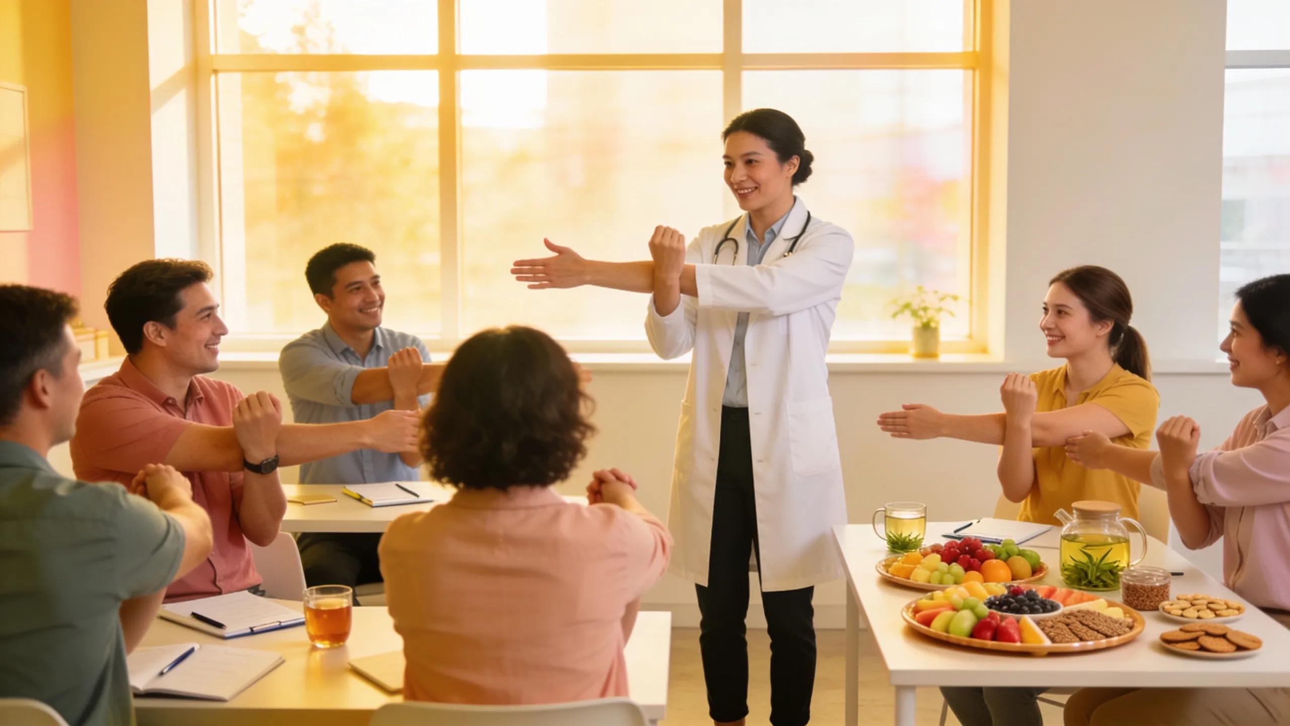 Physician leading workplace wellness session and employee health engagement with fruit and healthy snacks.