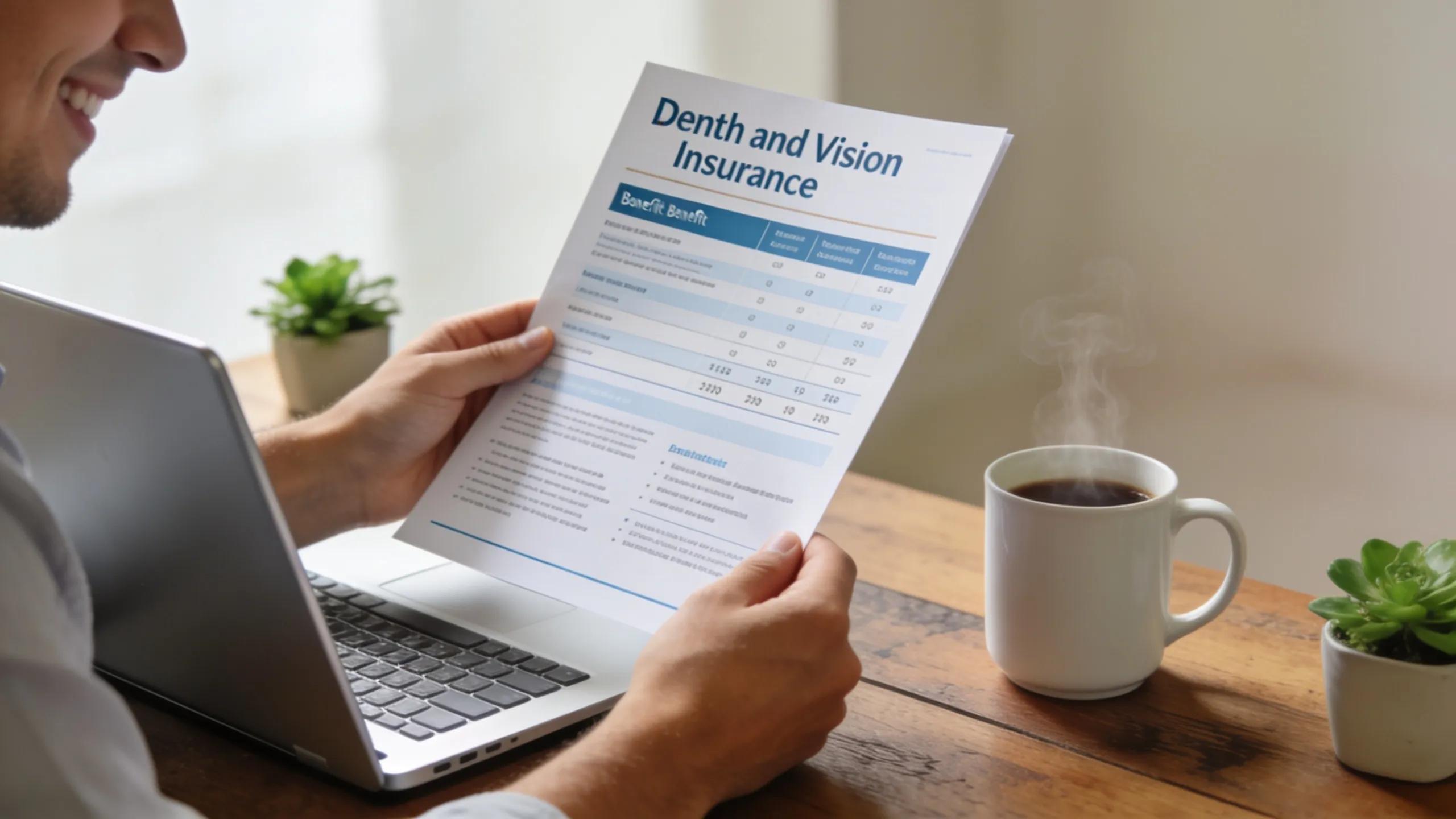 Employee reviewing dental and vision insurance brochures at a workplace desk