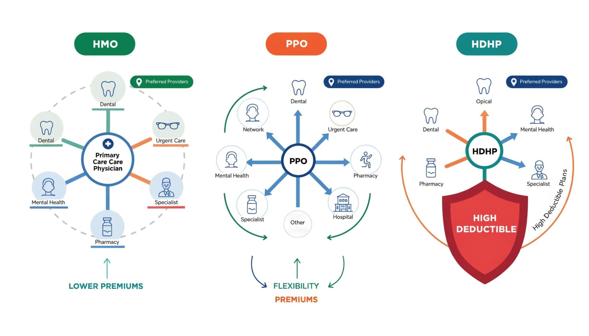 Comparison chart illustrating HMO, PPO, and HDHP health plan options and features.
