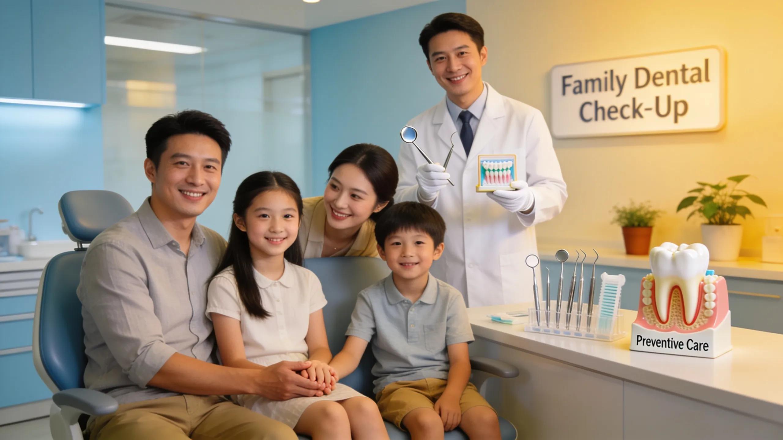 Smiling family in a dental clinic, highlighting the importance of preventive dental care for employee benefits