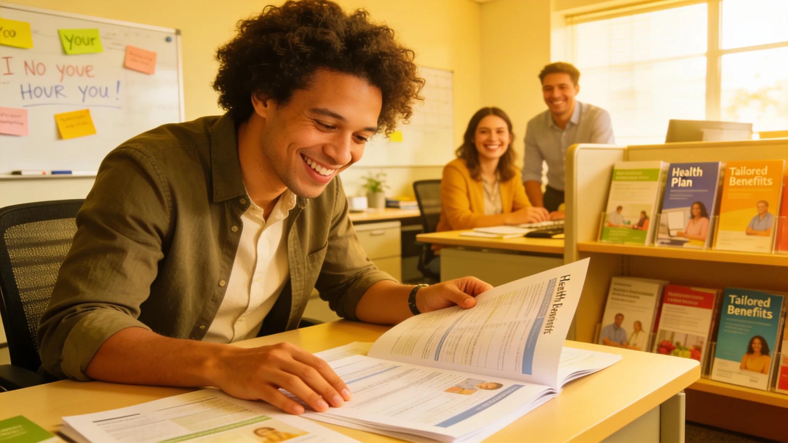 Man reviewing health benefits brochure illustrating customizable group health insurance options and tailored benefits.