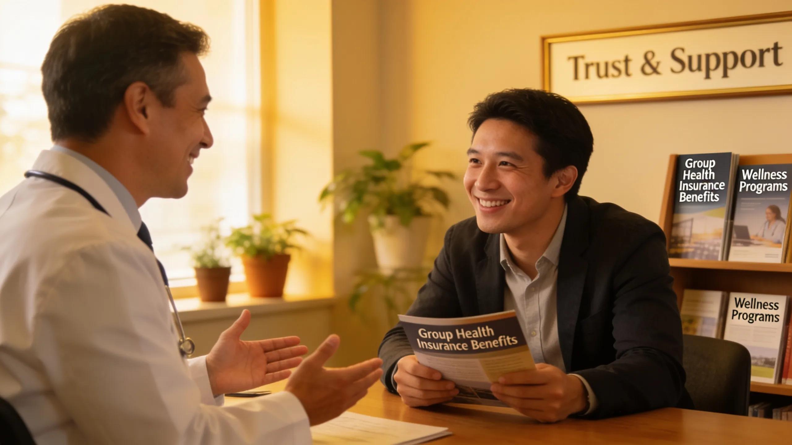 Healthcare professional explaining group health insurance options to an employee in an office setting.