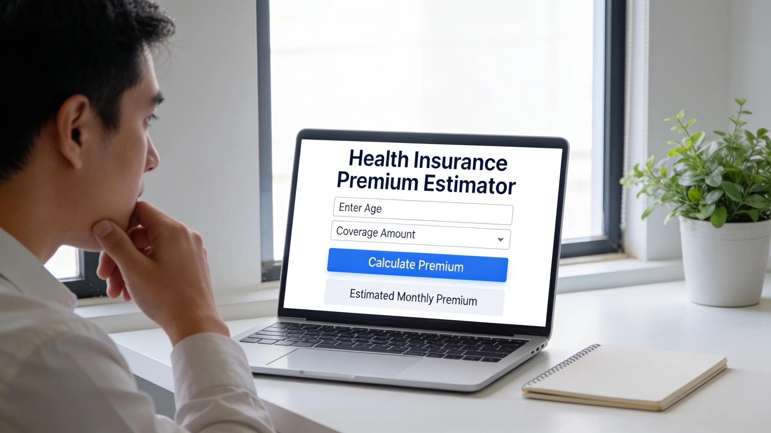 User interacting with a health insurance premium estimator on a laptop in a modern workspace