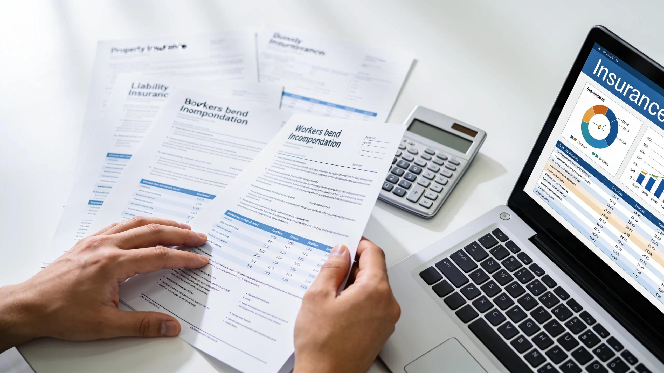 Business insurance documents and a calculator illustrating essential coverage options for businesses