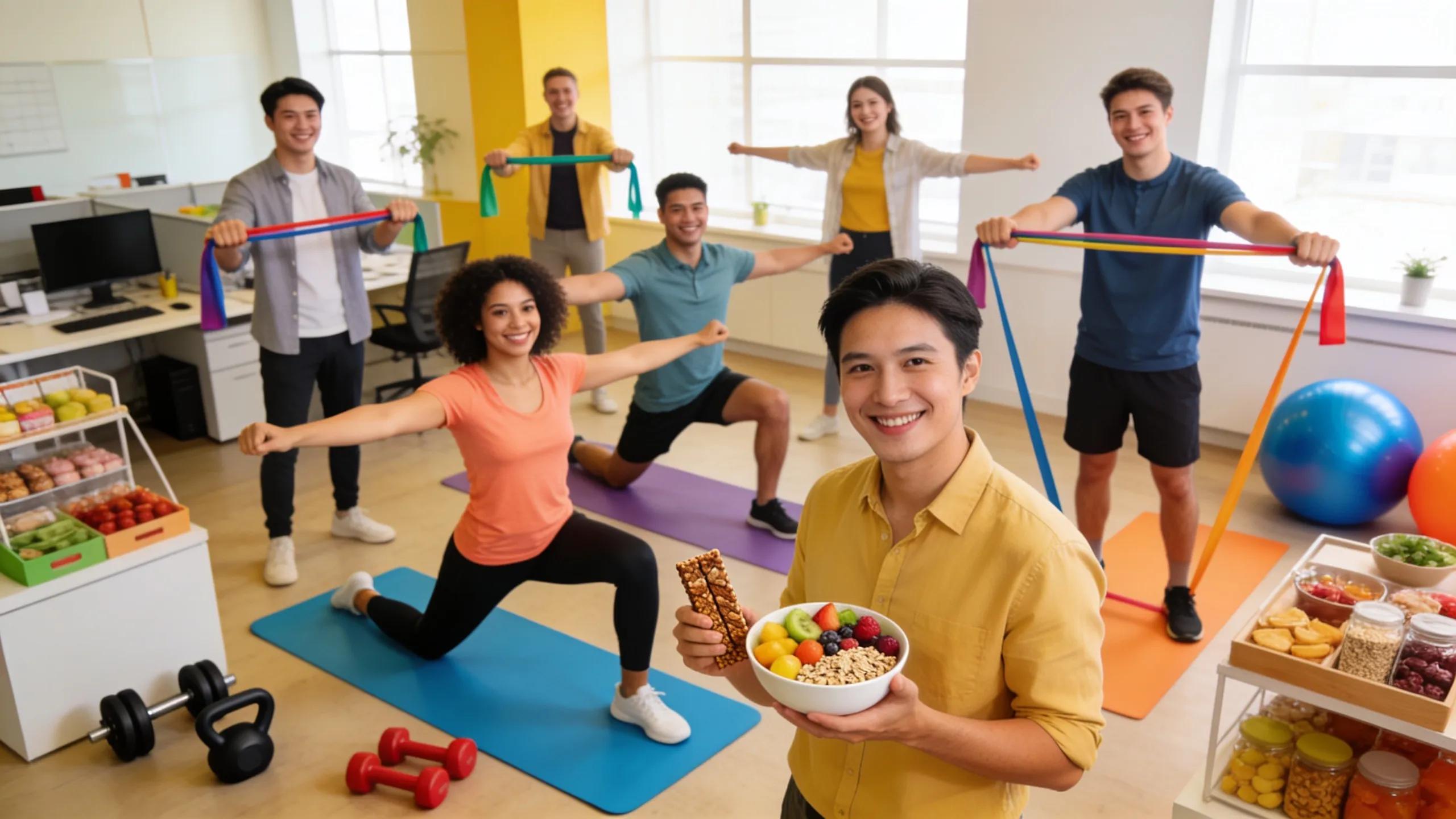 Employees participating in a wellness program in a bright office, showcasing group health insurance benefits