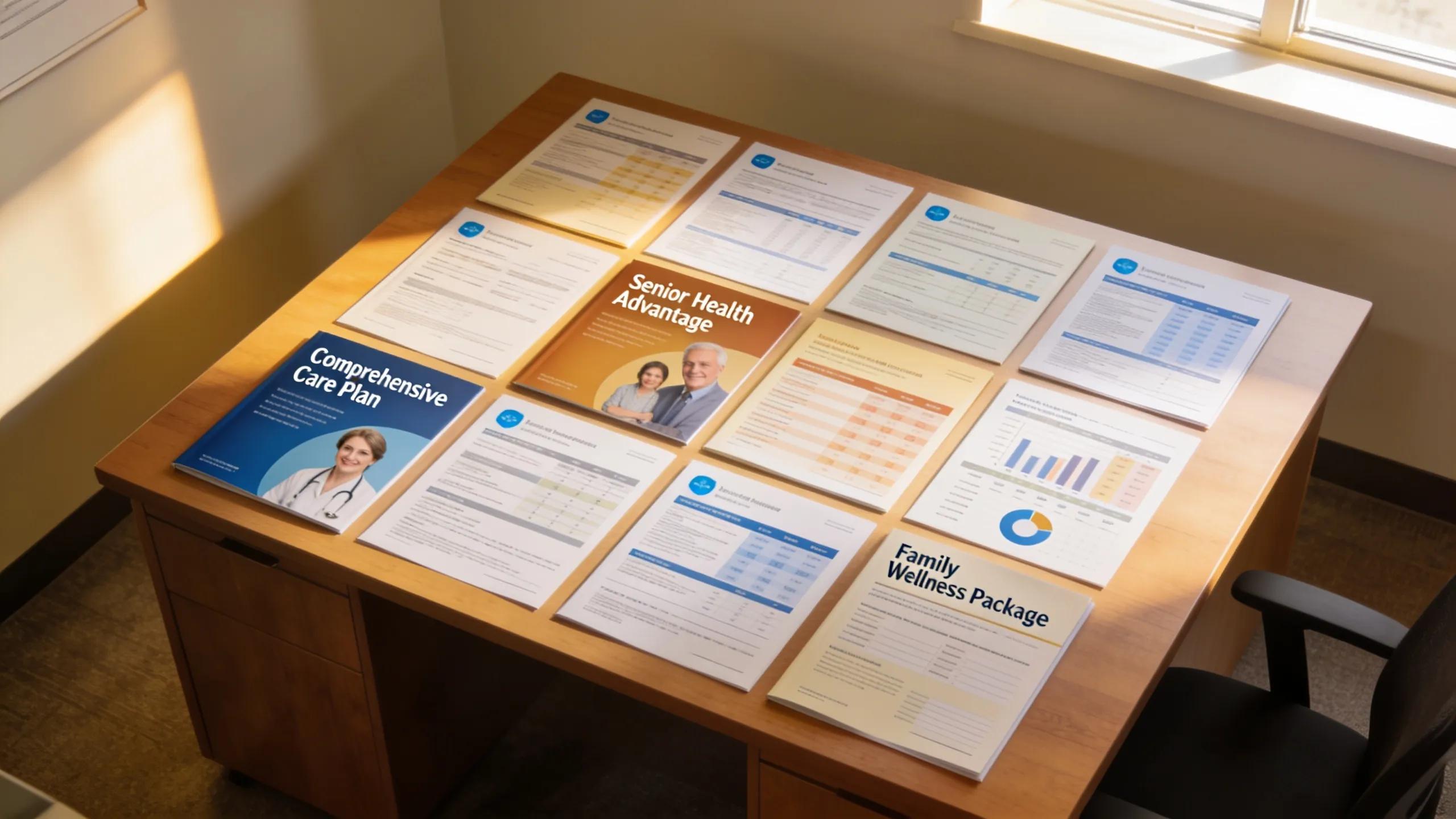 Variety of health insurance plans displayed in an office setting emphasizing choice
