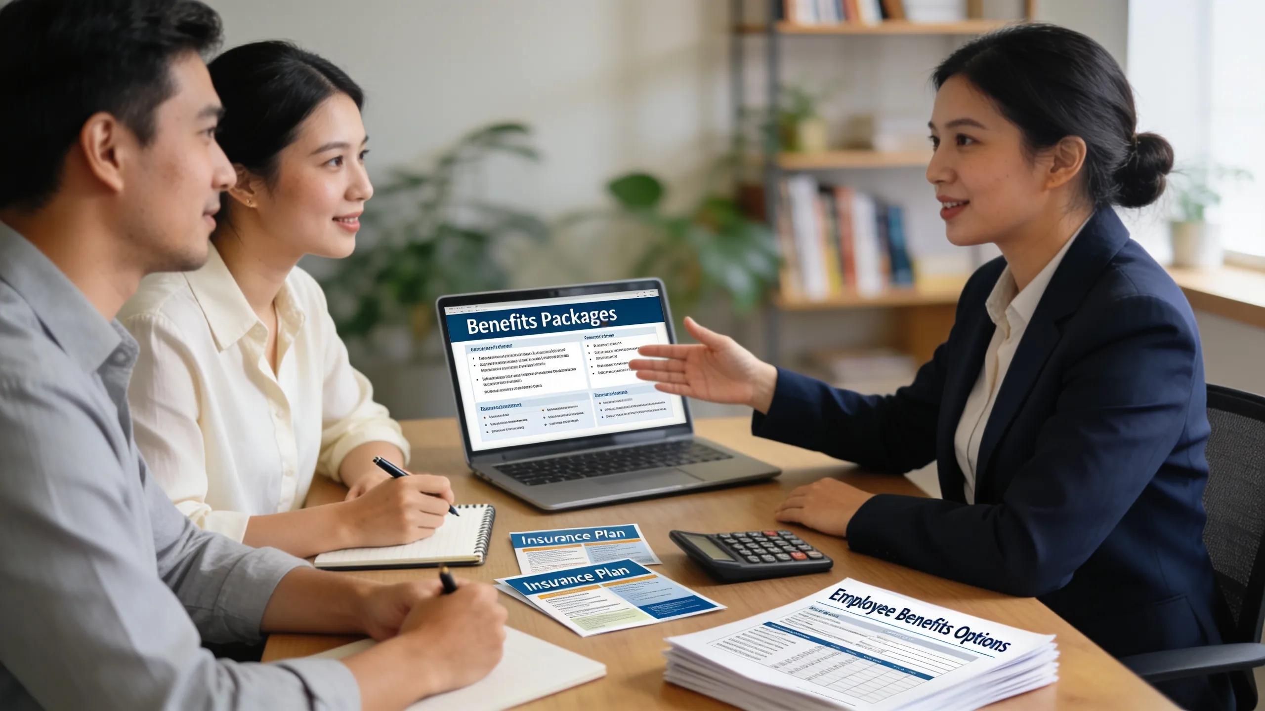 Consultant discussing employee benefits with small business owners in an office setting