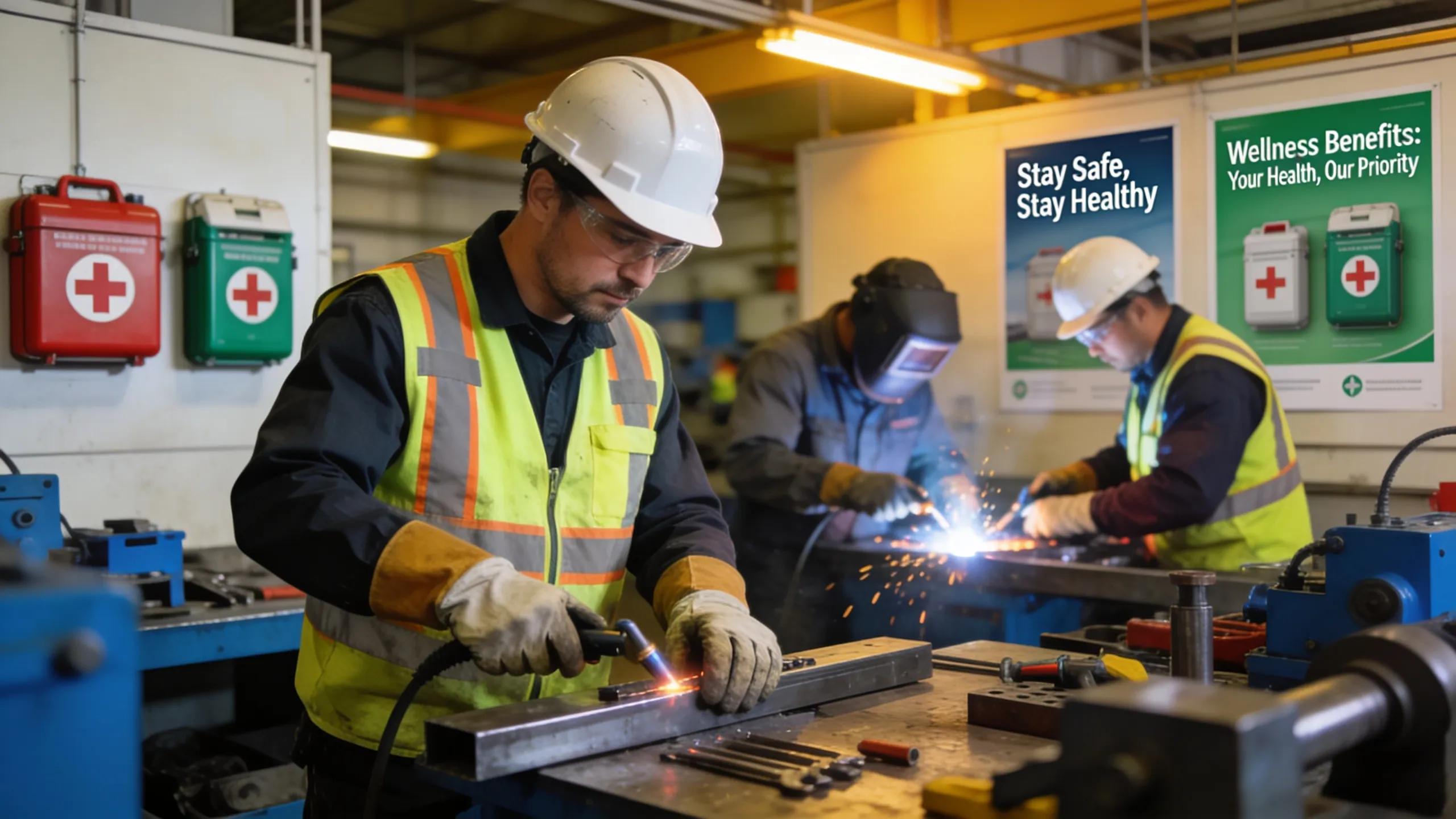 Manufacturing workers in safety gear highlighted by elements of health and wellness in their environment